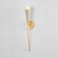 Hudson Valley Montrose Wall Sconce gold and white wall sconce shown lit.