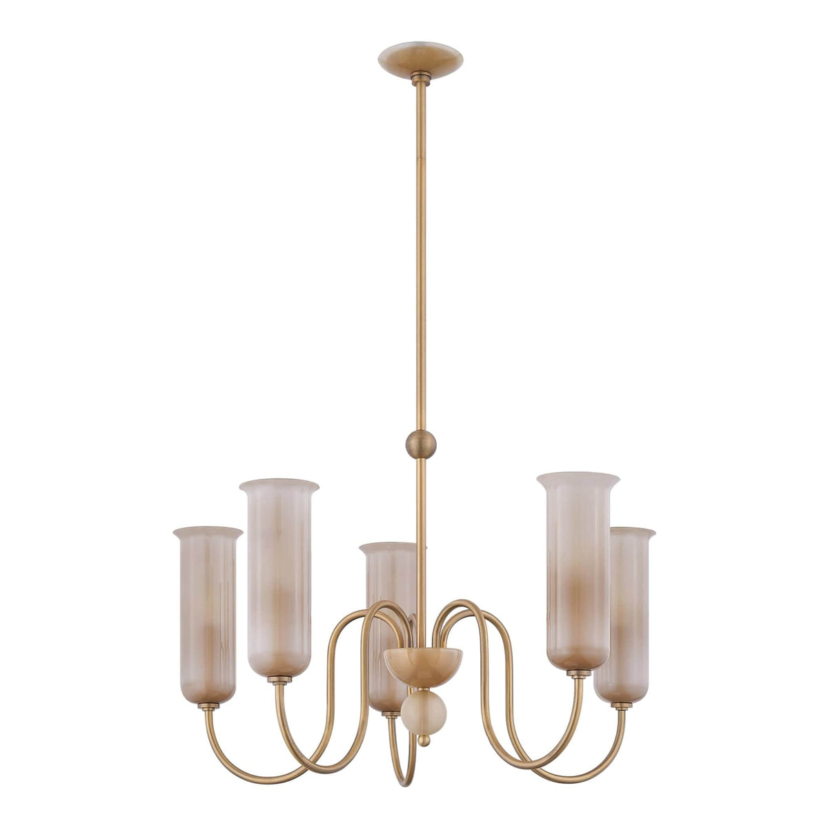 Alessandra Chandelier by Hudson Valley with five frosted glass shades on brass arms