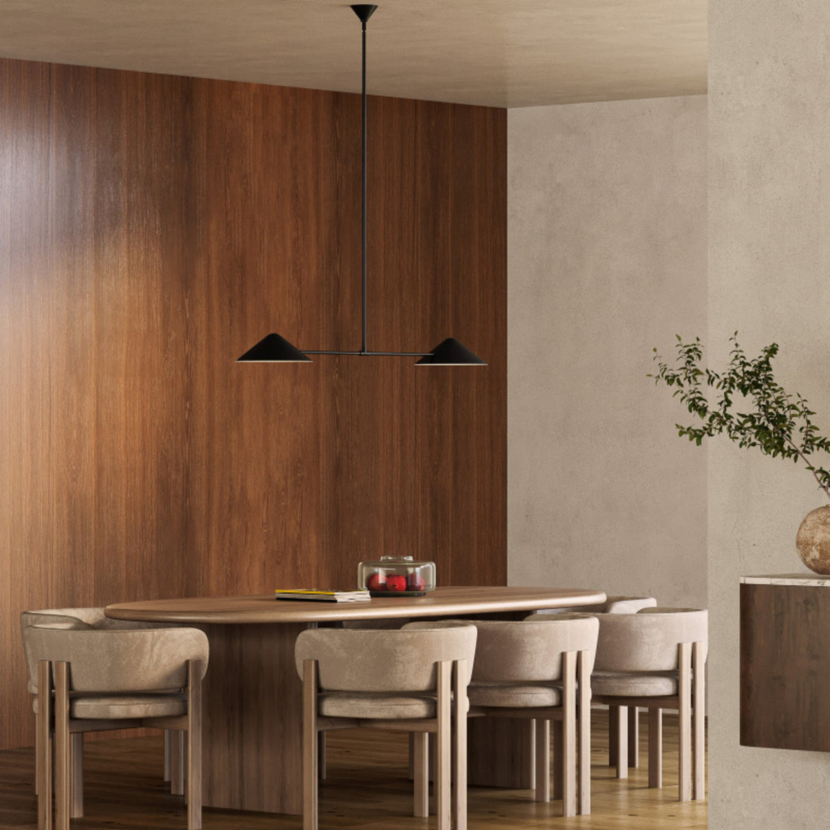 Alora Mood Ashford Linear Pendant in matte black finish over dining table