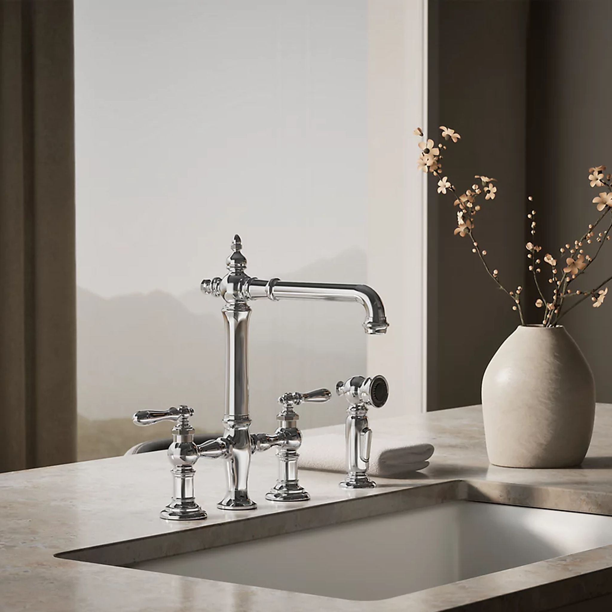 ARTIFACTS® DECK-MOUNT BRIDGE KITCHEN SINK FAUCET WITH LEVER HANDLES AND SIDESPRAY - robinsonco.ca
