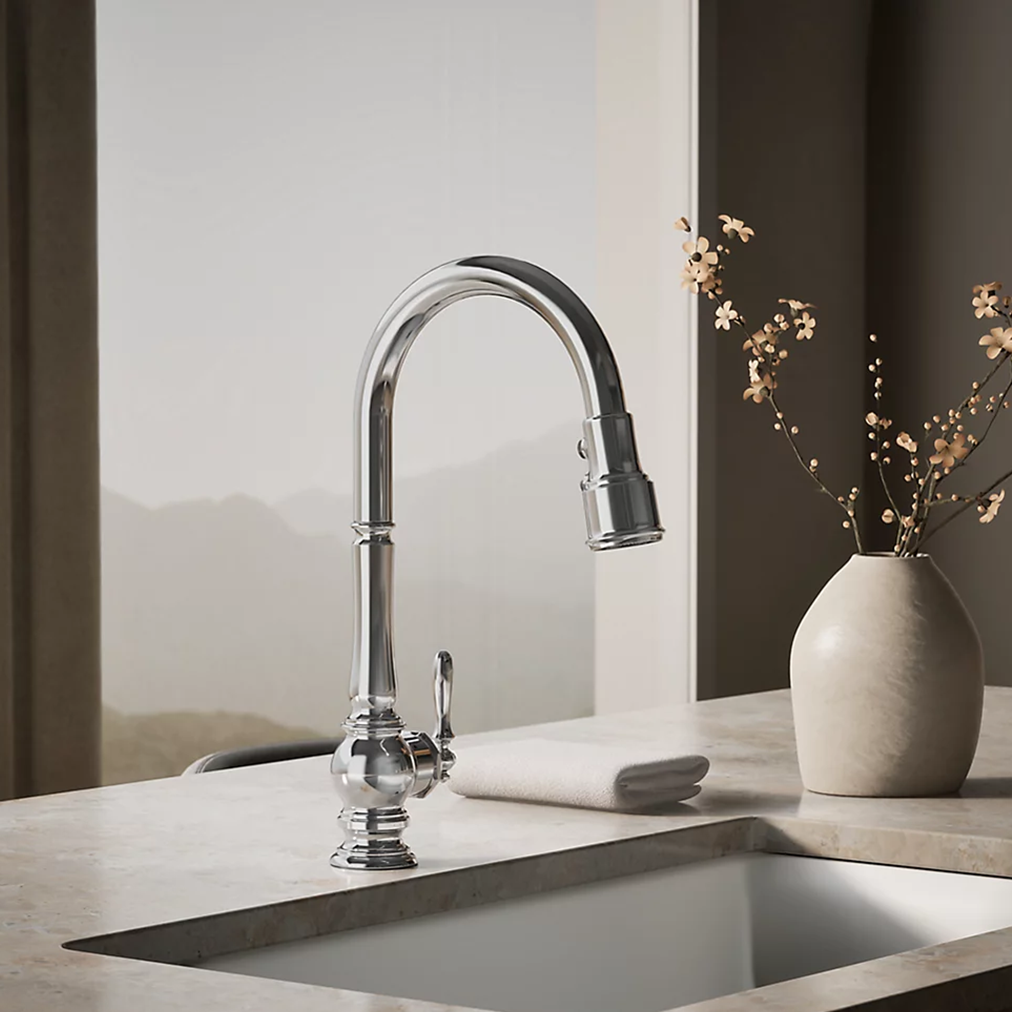 ARTIFACTS® PULL-DOWN KITCHEN SINK FAUCET WITH THREE-FUNCTION SPRAYHEAD - robinsonco.ca