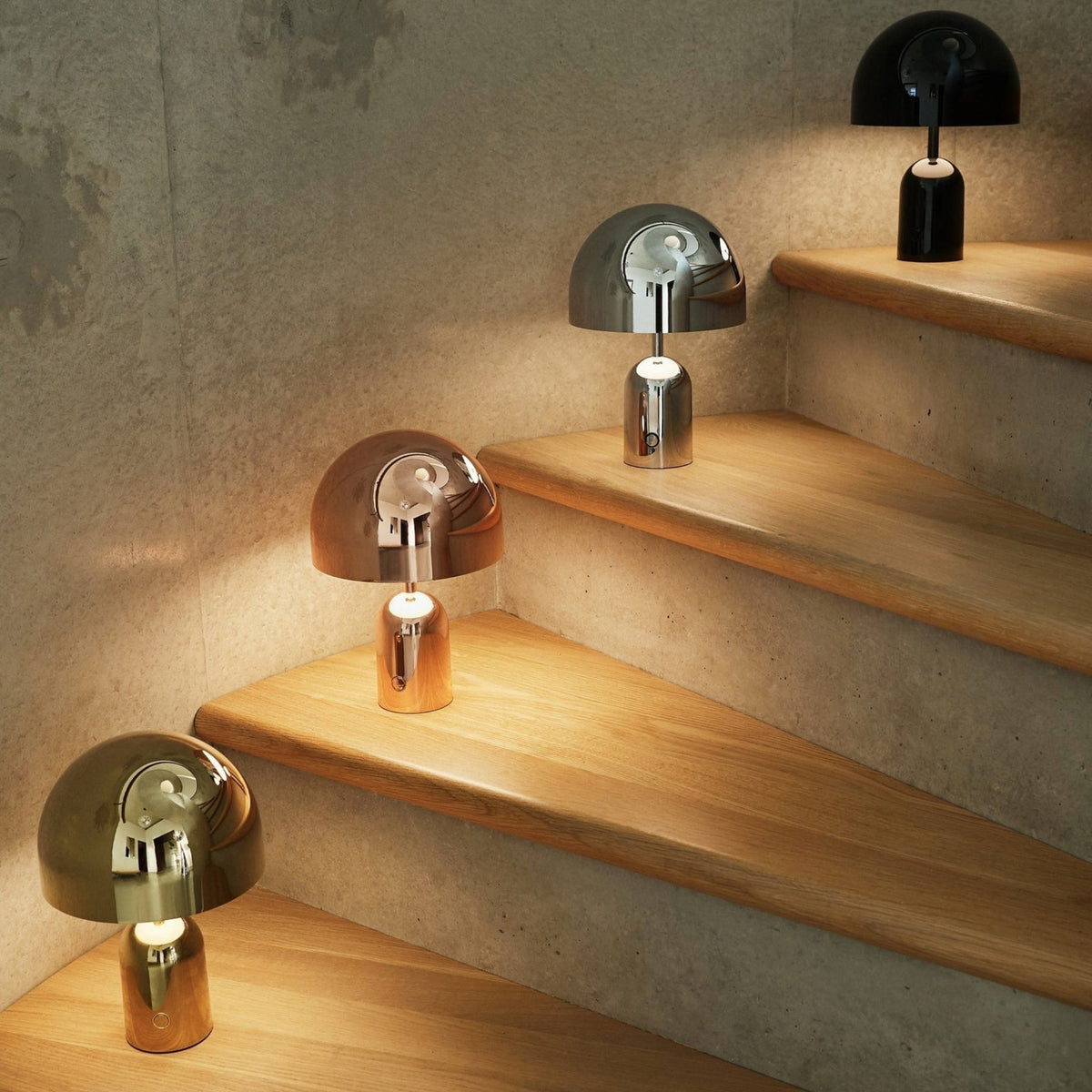 BELL Portable LED Table Lamps in metallic finishes