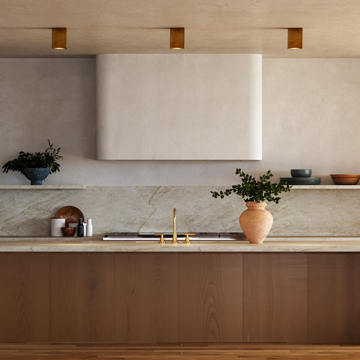Kuzco Bosco Semi-Flush Mount lighting with walnut finish in modern kitchen