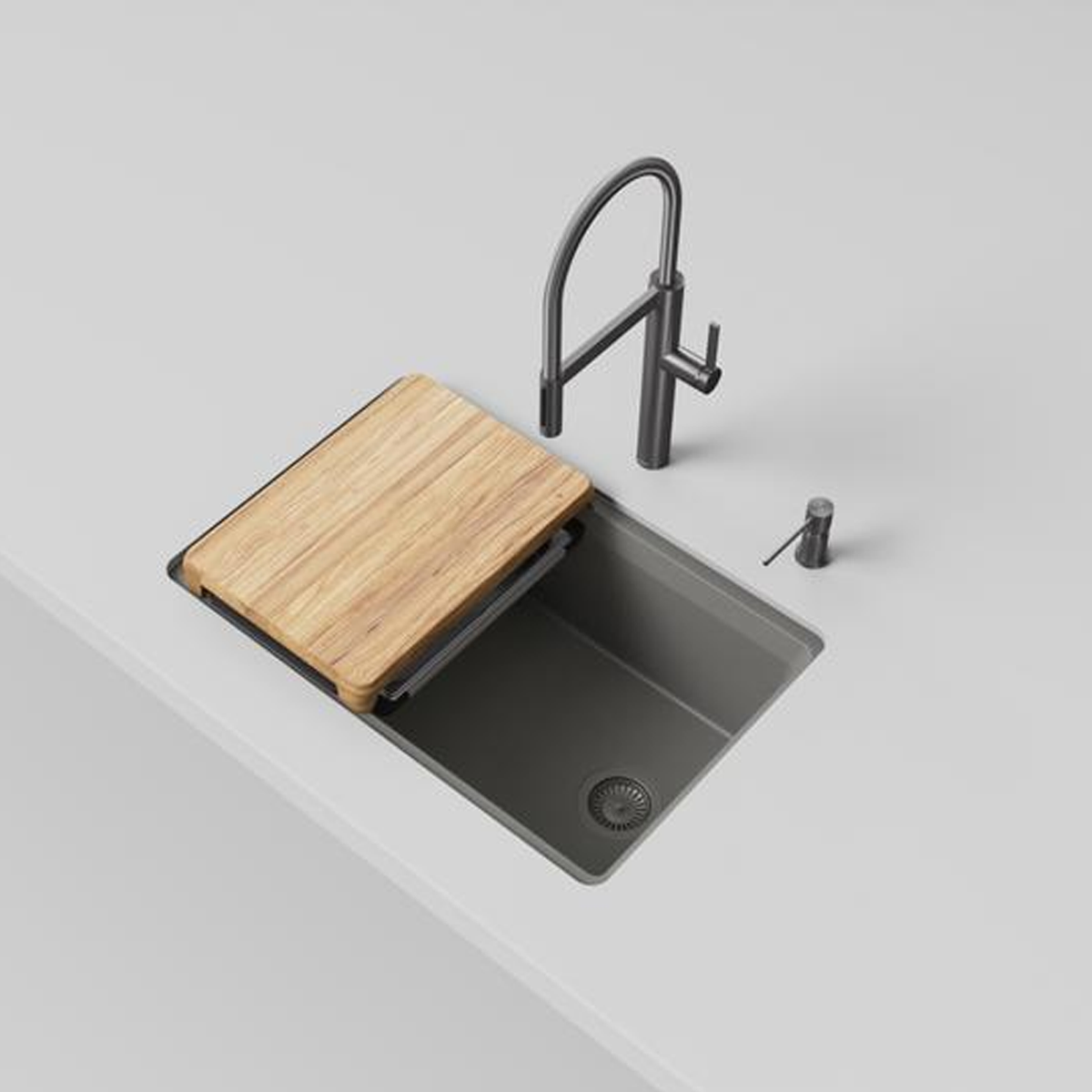 Blanco Inteos kitchen workstation sink in anthracite finish with wood cutting board