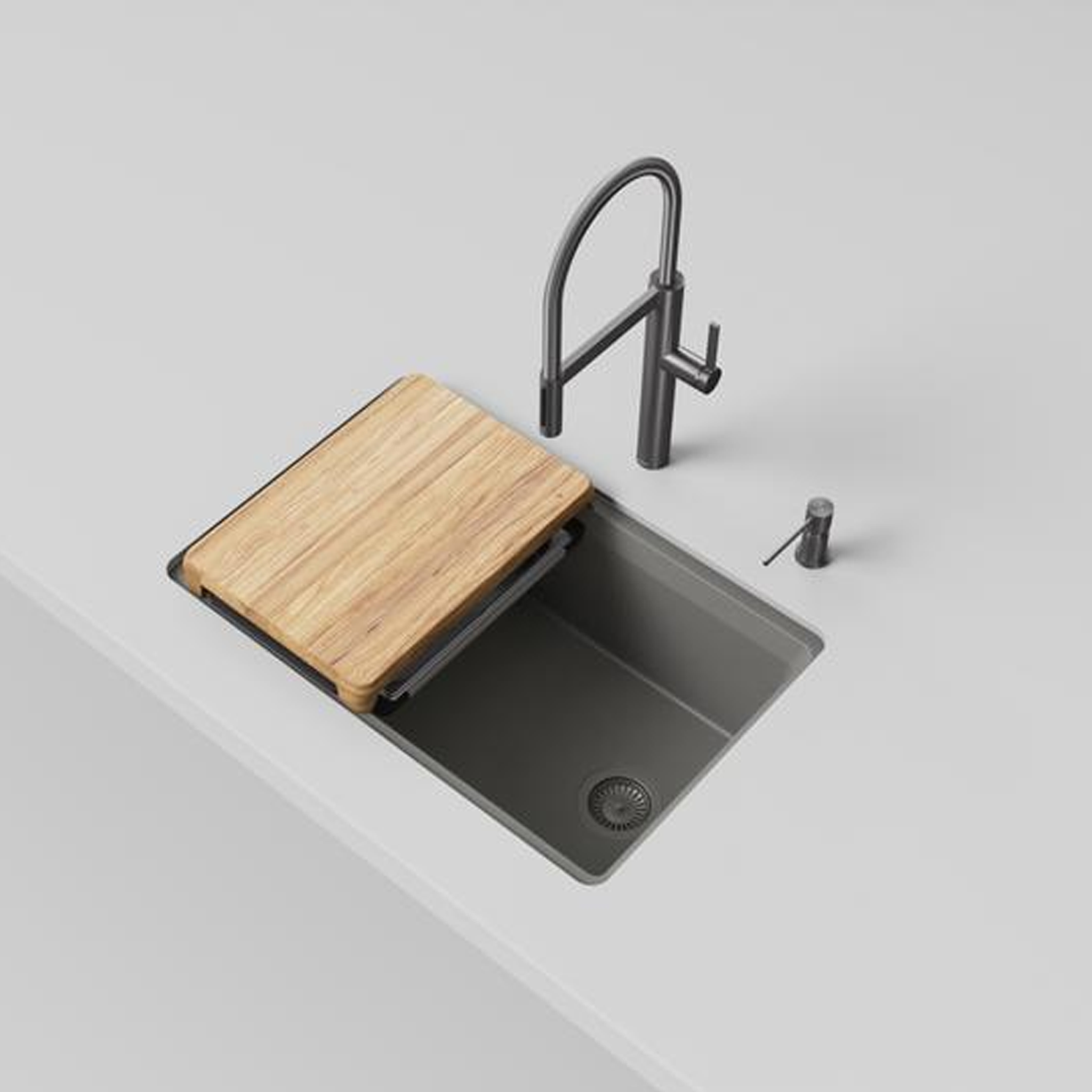 Blanco Inteos kitchen workstation sink in anthracite finish with wood cutting board