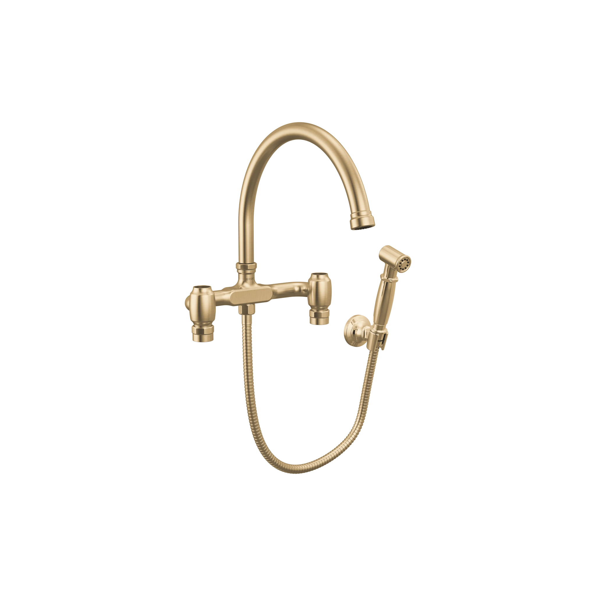 Brizo Faircroft wall-mount bridge faucet with arc spout and side spray in luxe gold