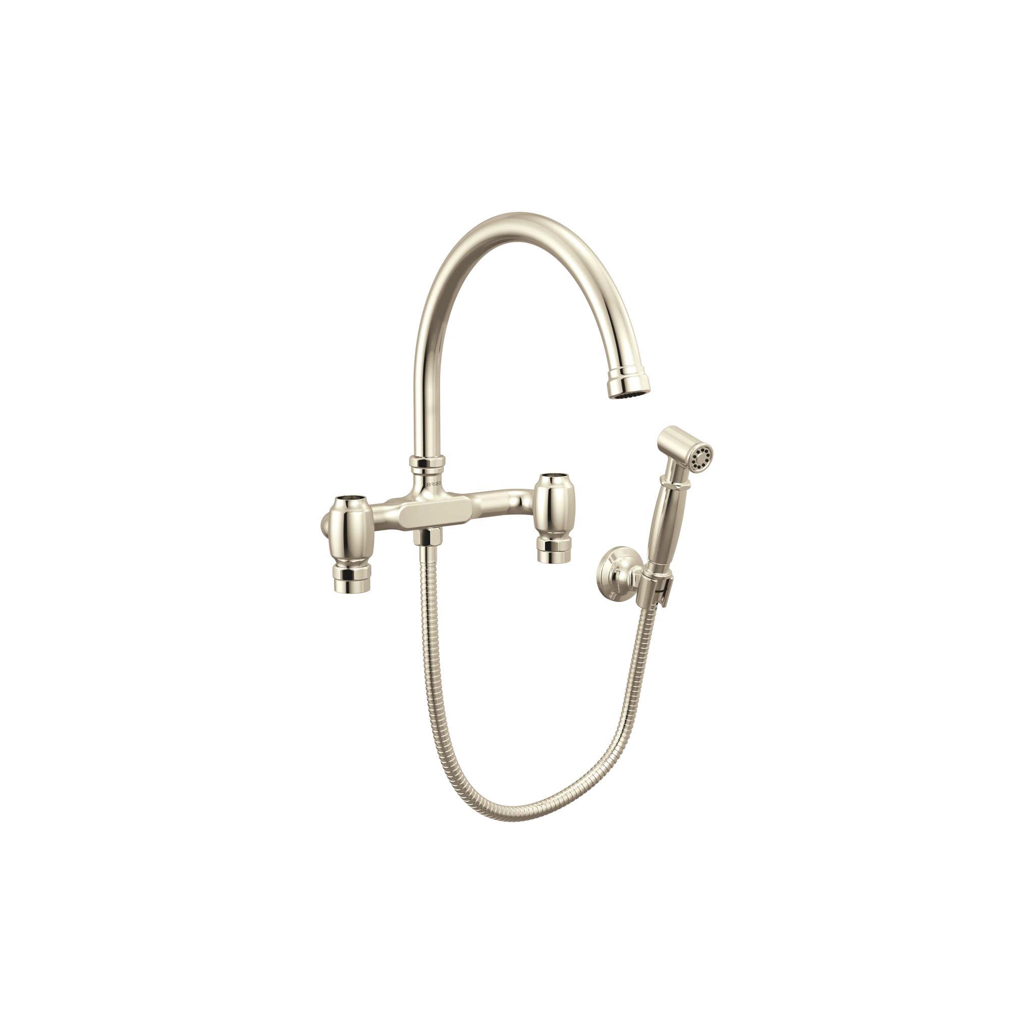Brizo Faircroft wall-mount bridge faucet with arc spout and side spray in polished nickel