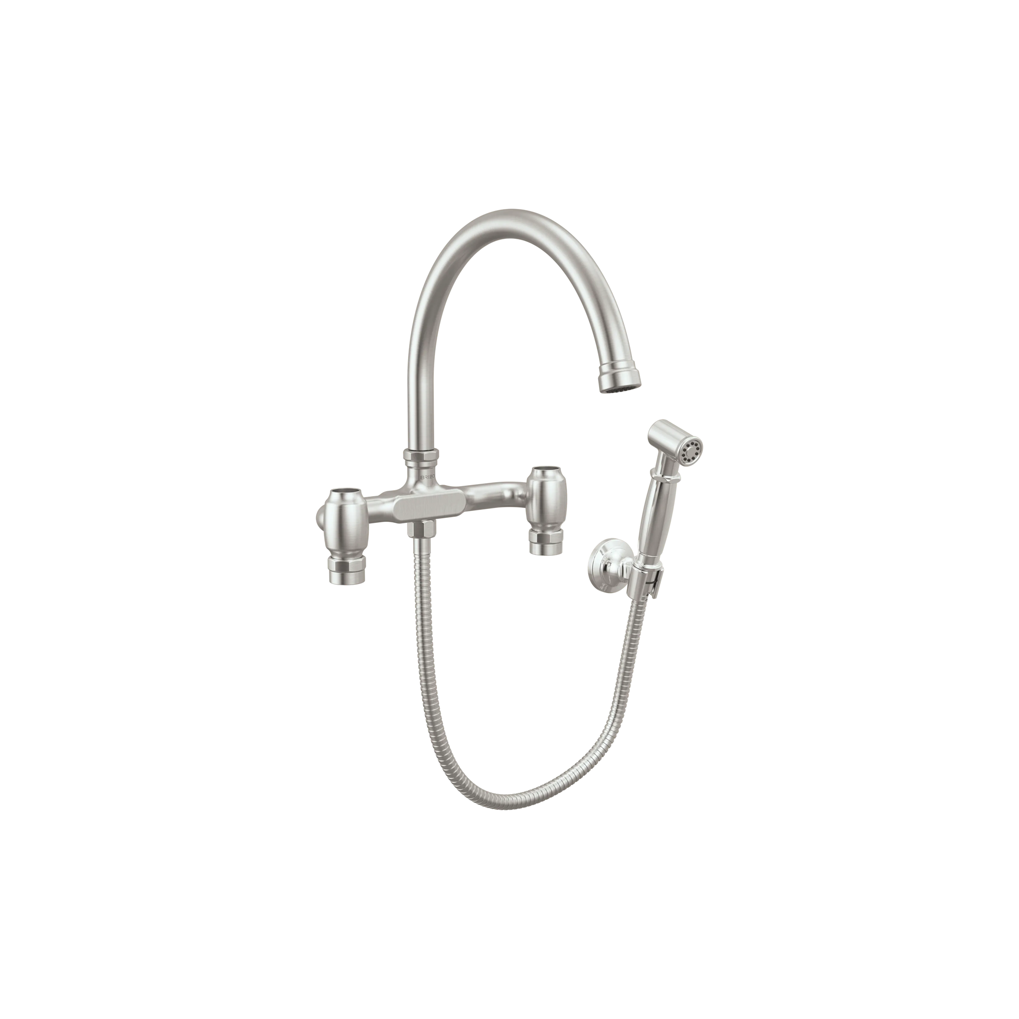 Brizo Faircroft wall-mount bridge faucet with arc spout and side spray in stainless steel