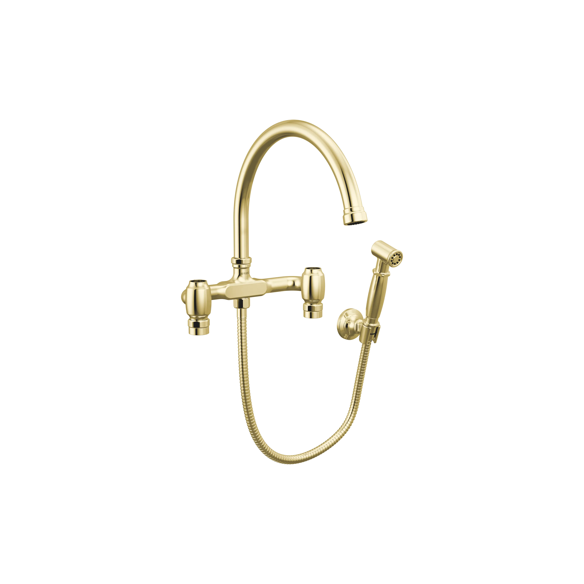 Brizo Faircroft wall-mount bridge faucet with arc spout and side spray in unlacquered brass