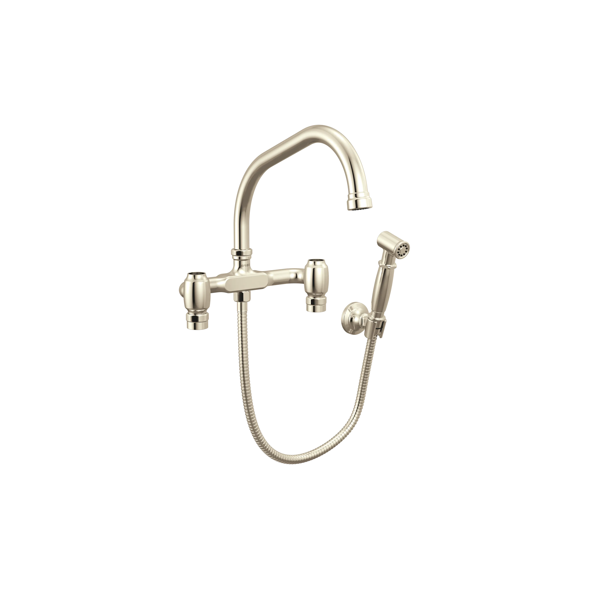 Brizo Faircroft wall-mount bridge faucet with angled spout and side spray in polished nickel