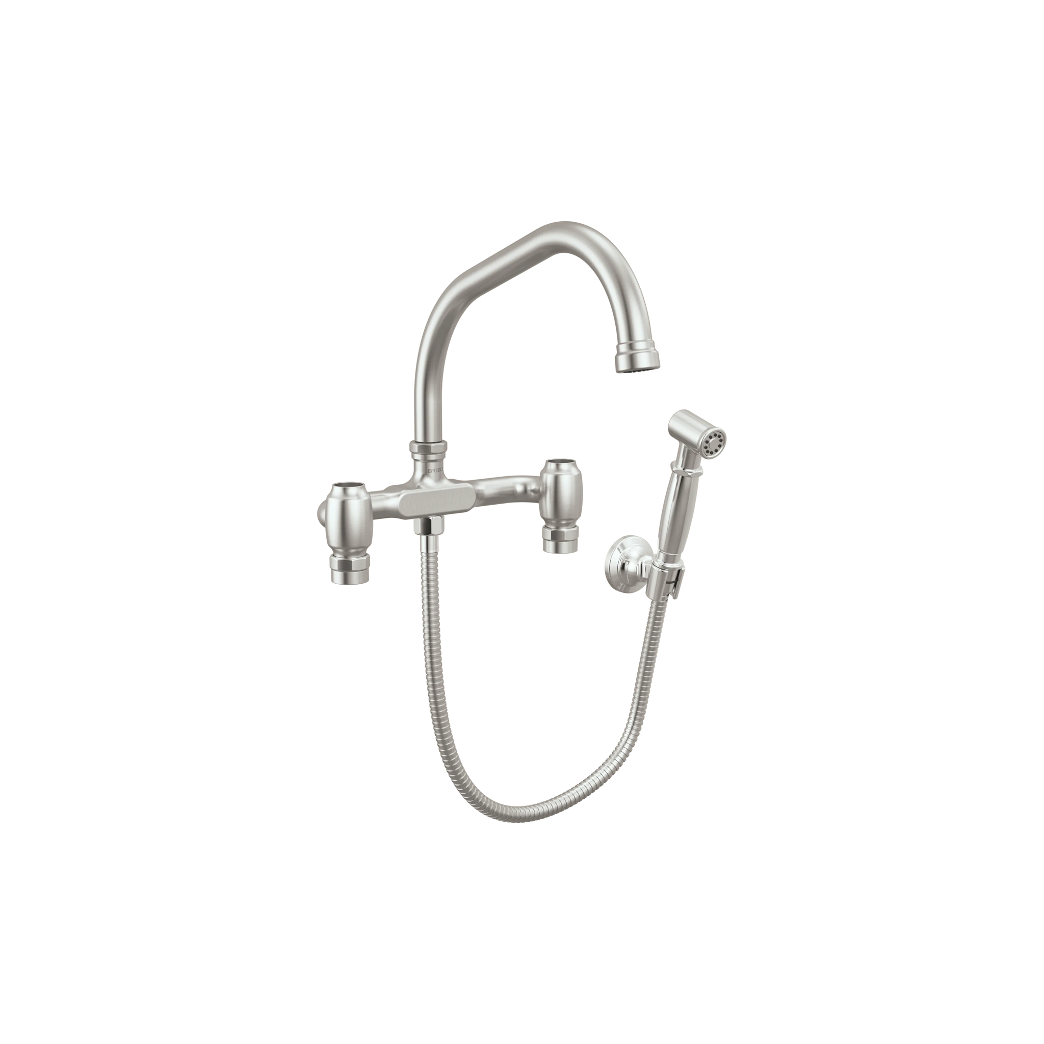 Brizo Faircroft wall-mount bridge faucet with angled spout and side spray in stainless steel