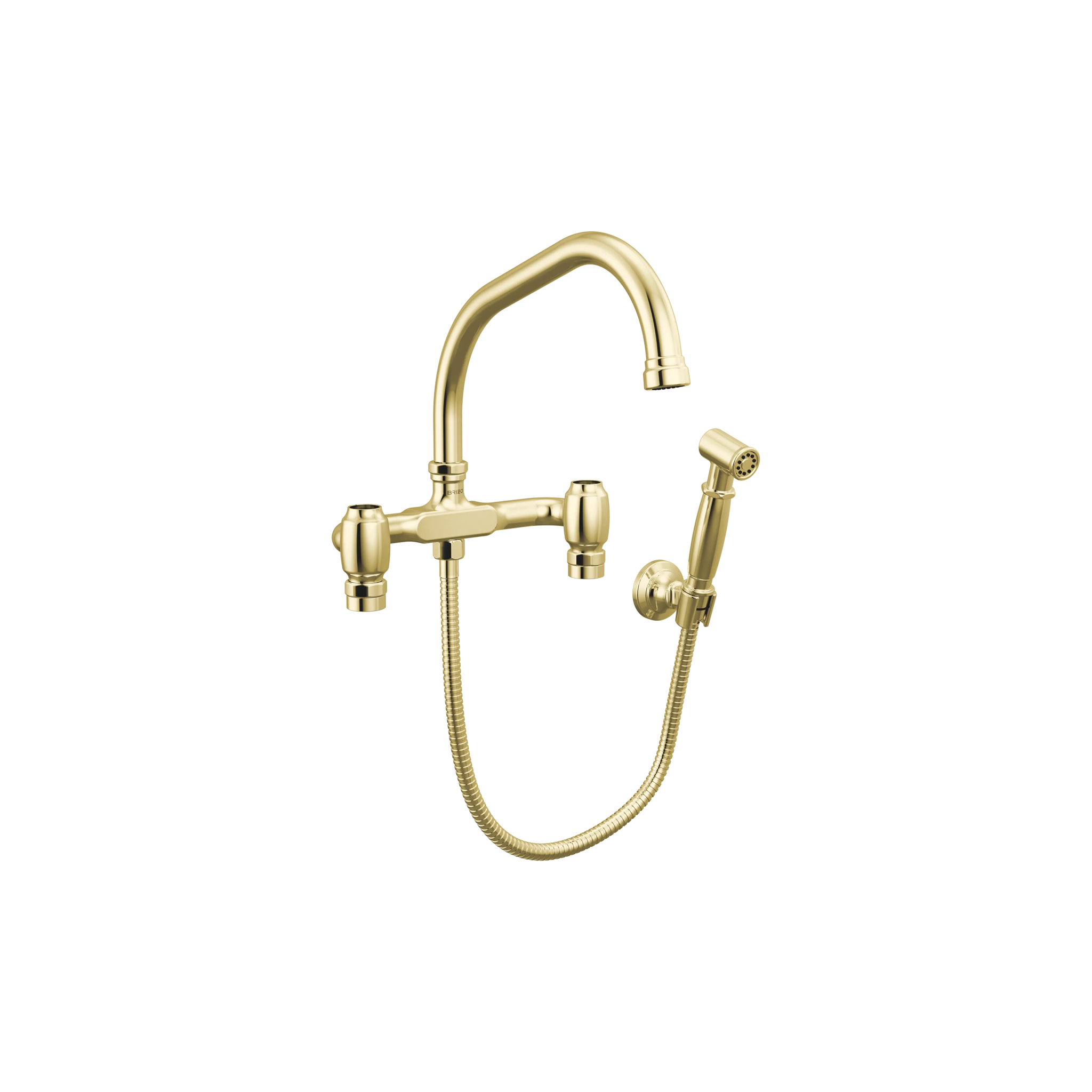 Brizo Faircroft wall-mount bridge faucet with angled spout and side spray in unlacquered brass