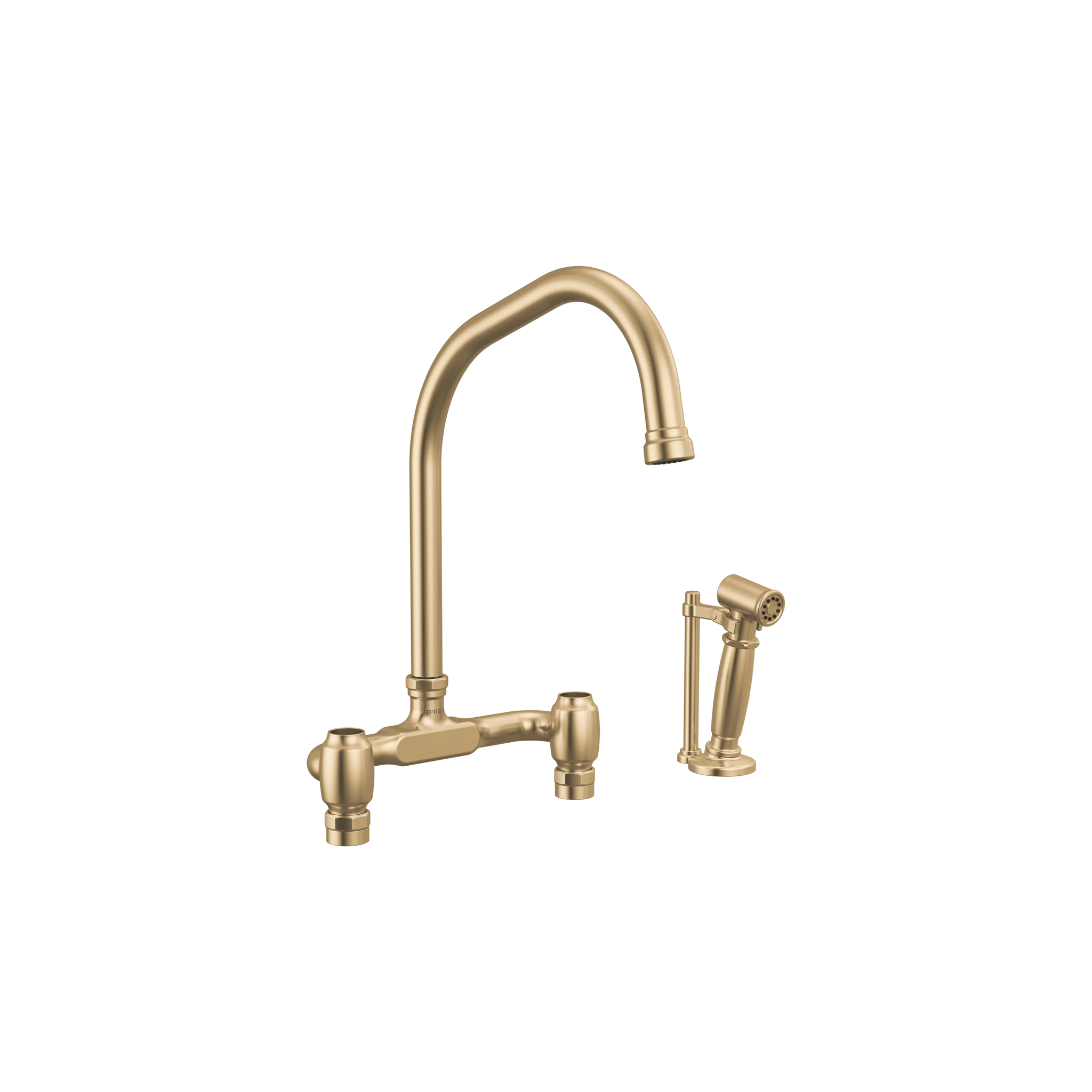 Brizo Faircroft deck-mount bridge faucet with angled spout and side spray in luxe gold finish