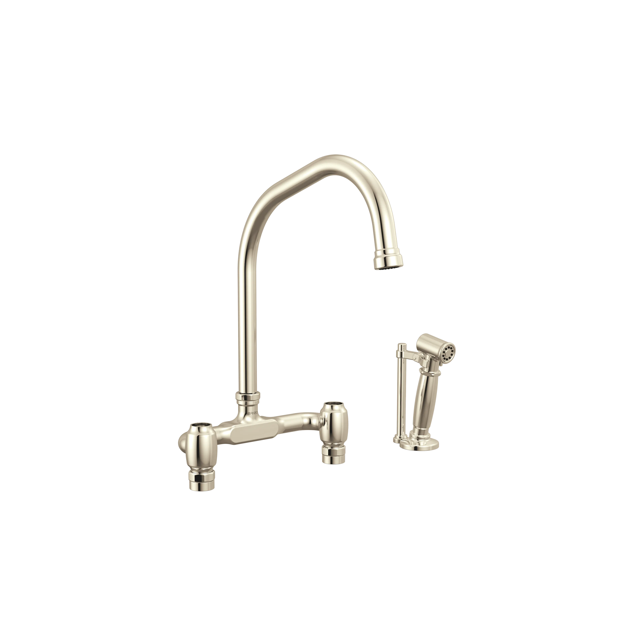 Brizo Faircroft deck-mount bridge faucet with angled spout and side spray in polished nickel