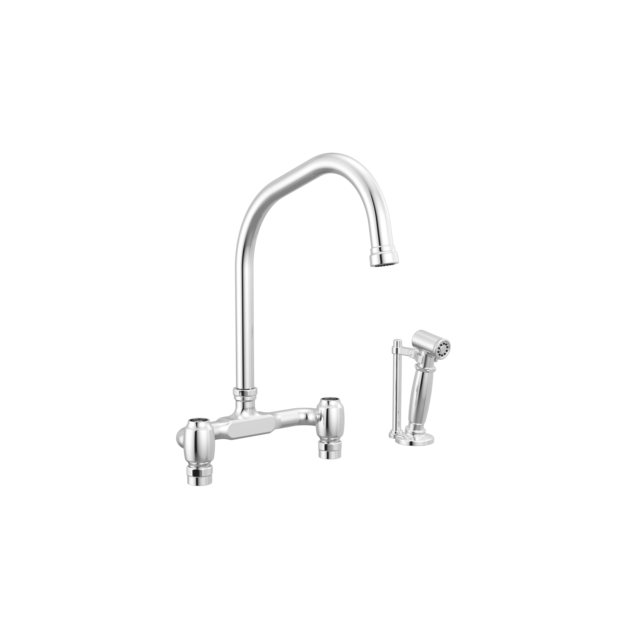 Brizo Faircroft deck-mount bridge faucet with angled spout and side spray in polished chrome