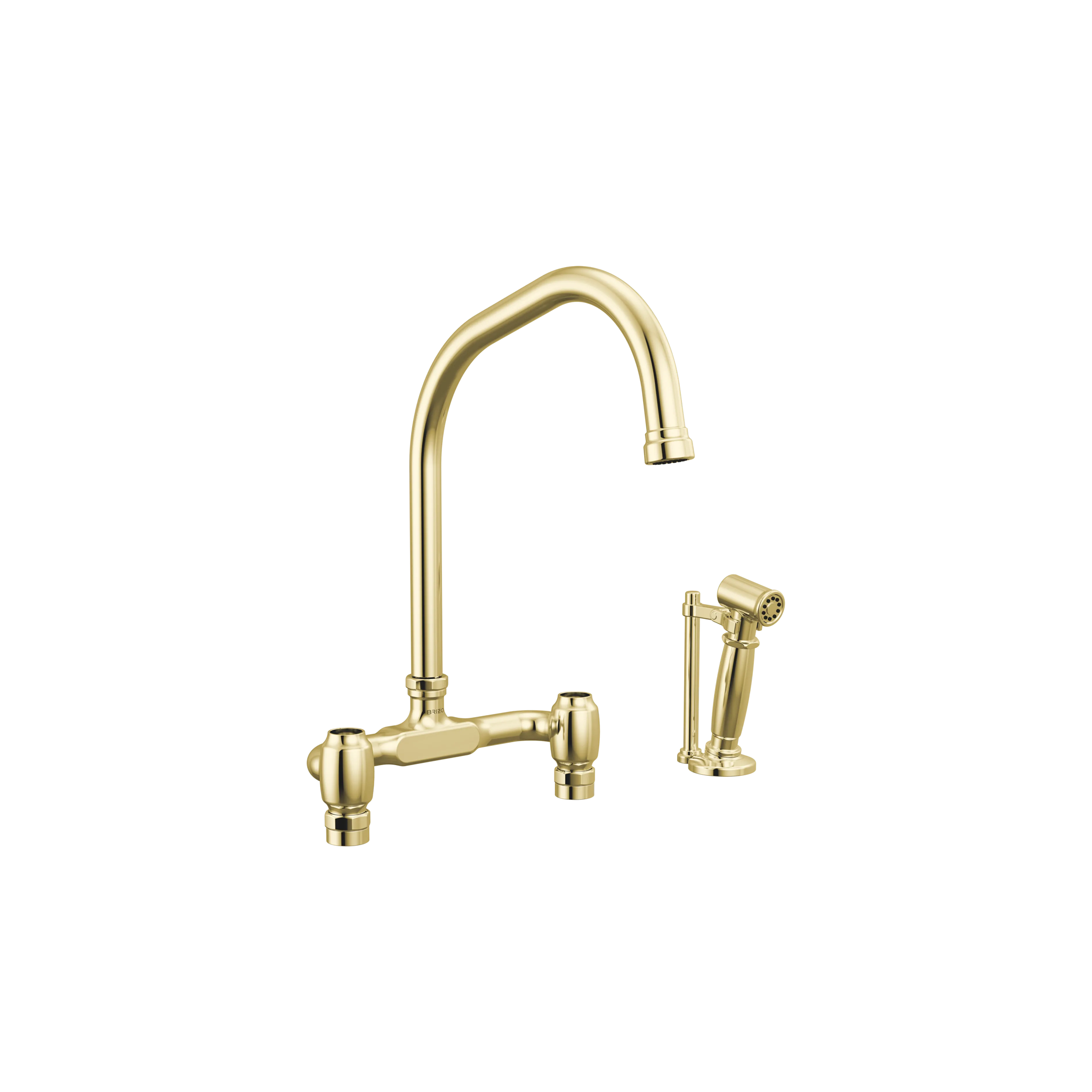 Brizo Faircroft deck-mount bridge faucet with angled spout and side spray in unlacquered brass finish