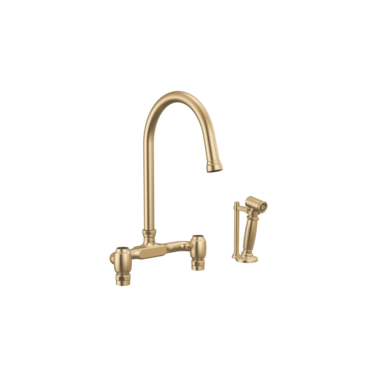 Brizo Faircroft deck-mount bridge faucet with arc spout and side spray in luxe gold