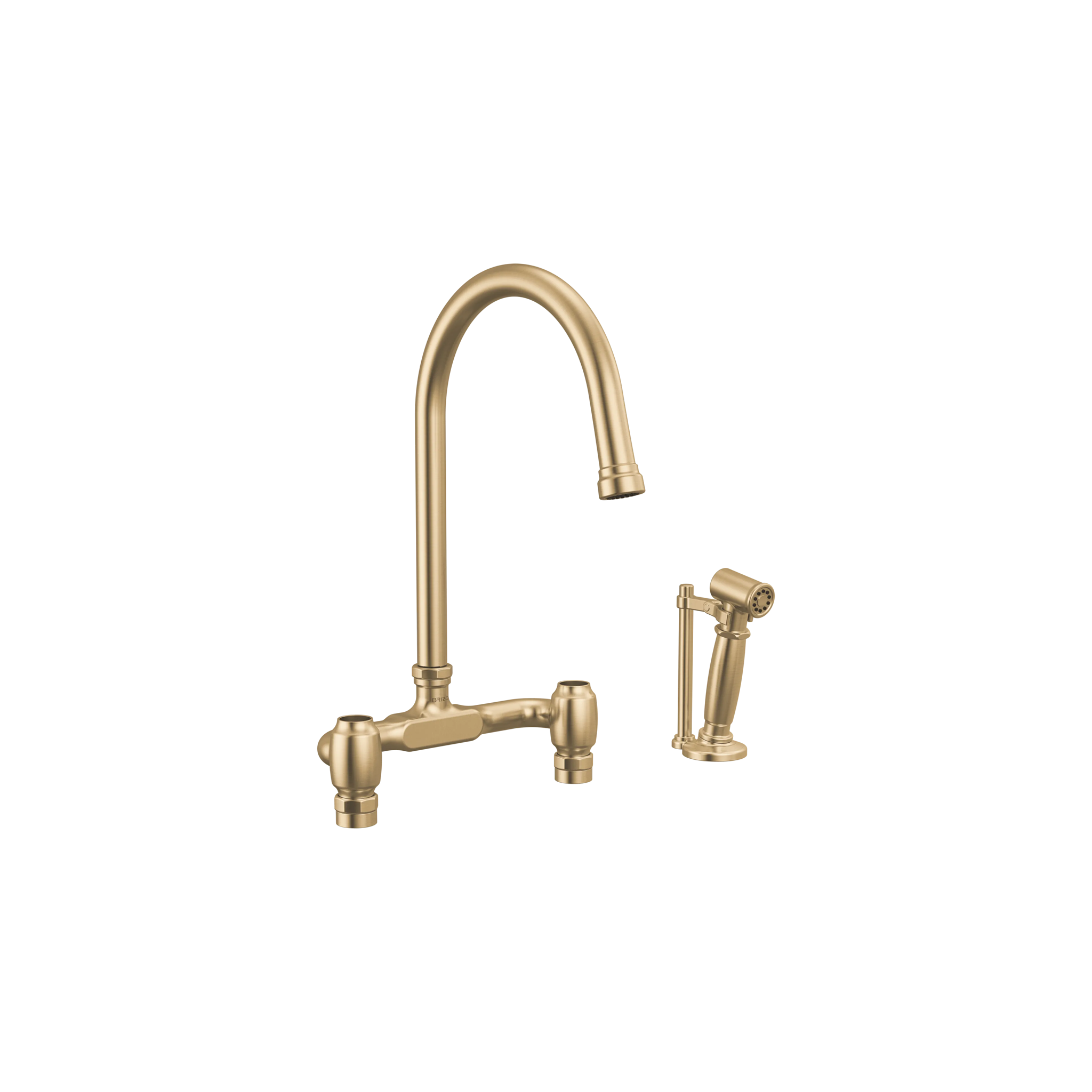 Brizo Faircroft deck-mount bridge faucet with arc spout and side spray in luxe gold