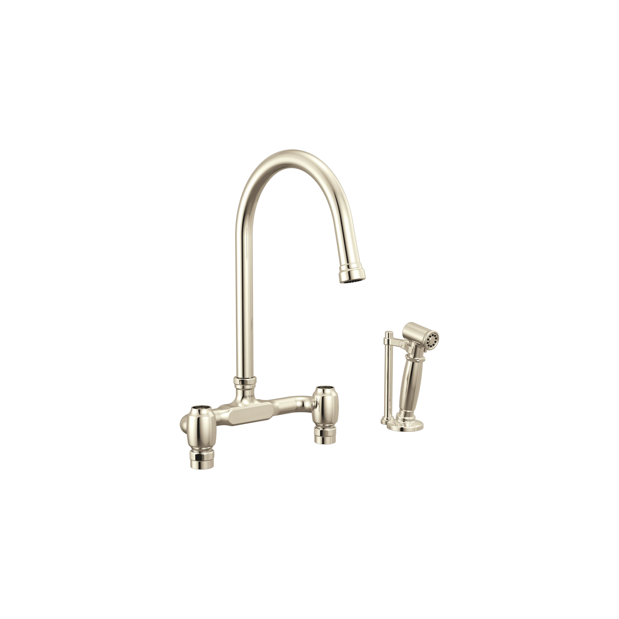 Brizo Faircroft deck-mount bridge faucet with arc spout and side spray in polished nickel