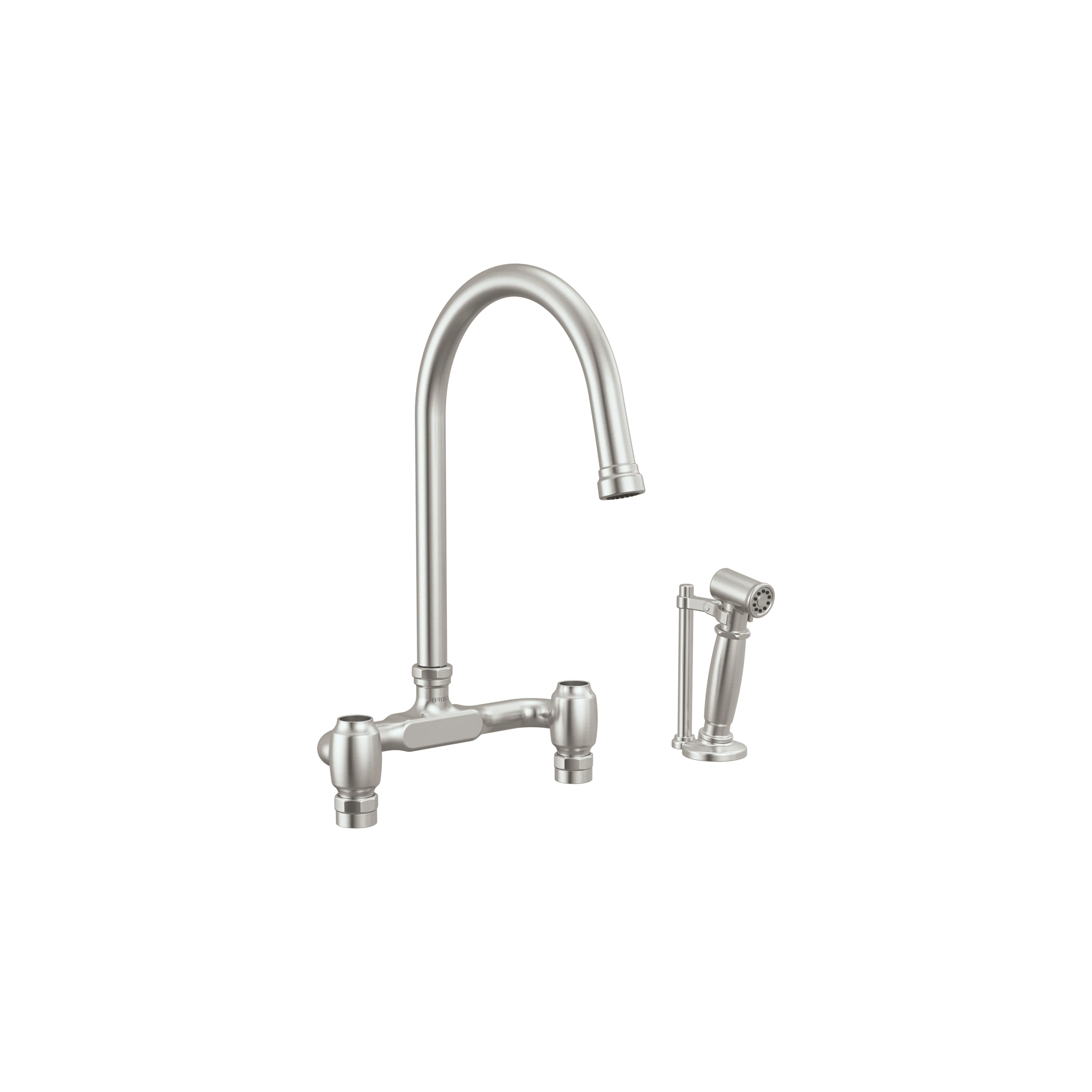 Brizo Faircroft deck-mount bridge faucet with arc spout and side spray in stainless steel