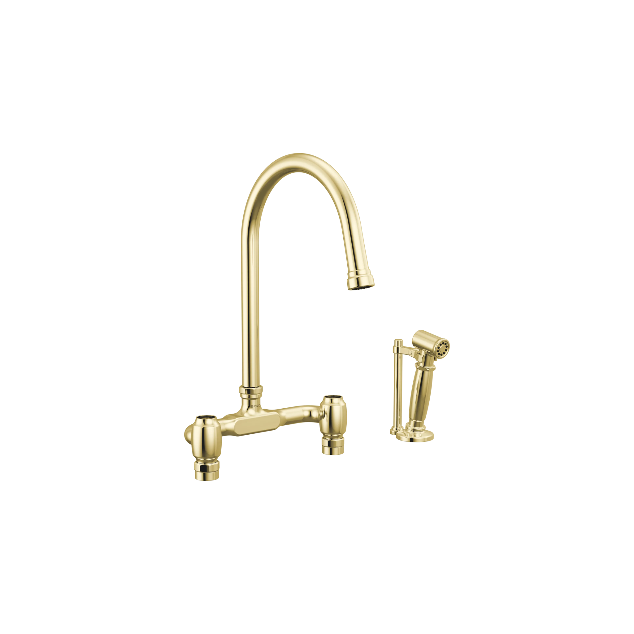 Brizo Faircroft deck-mount bridge faucet with arc spout and side spray in unlacquered brass