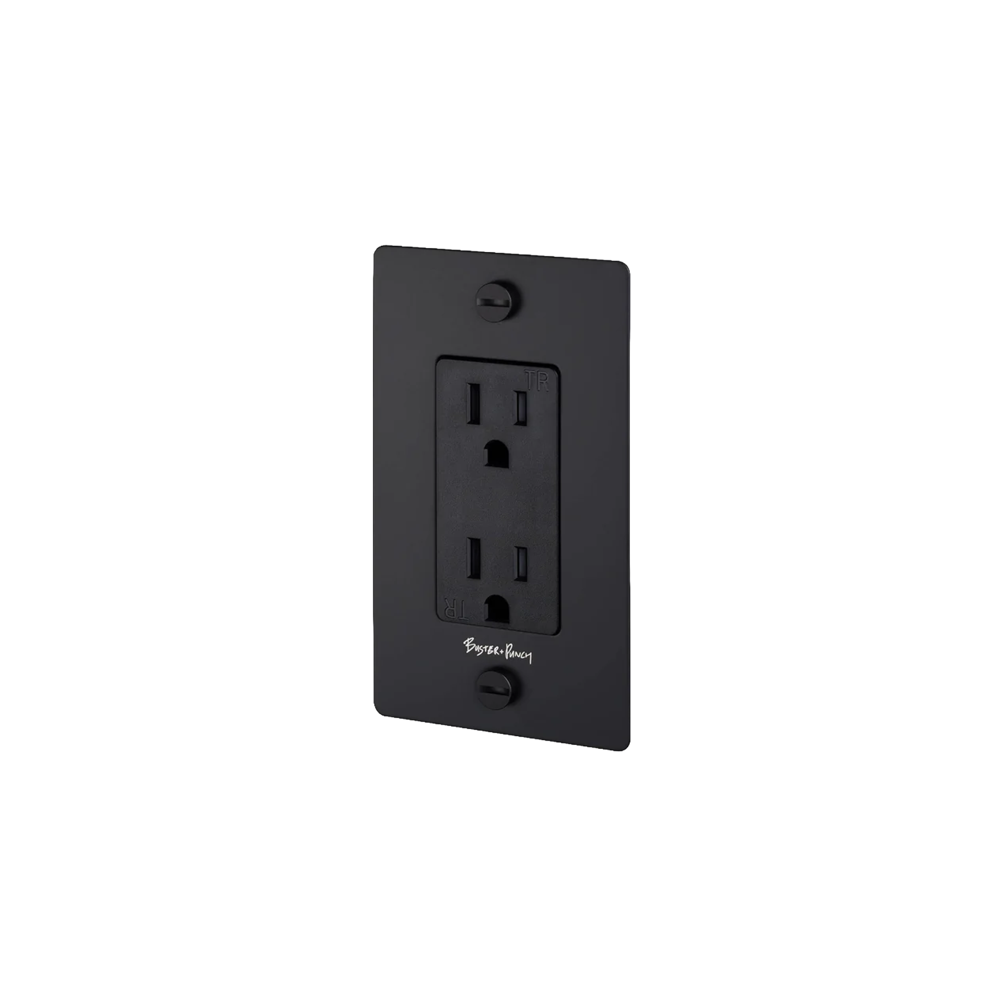 Buster and Punch 1 Gang Cross Outlet in Black with logo.