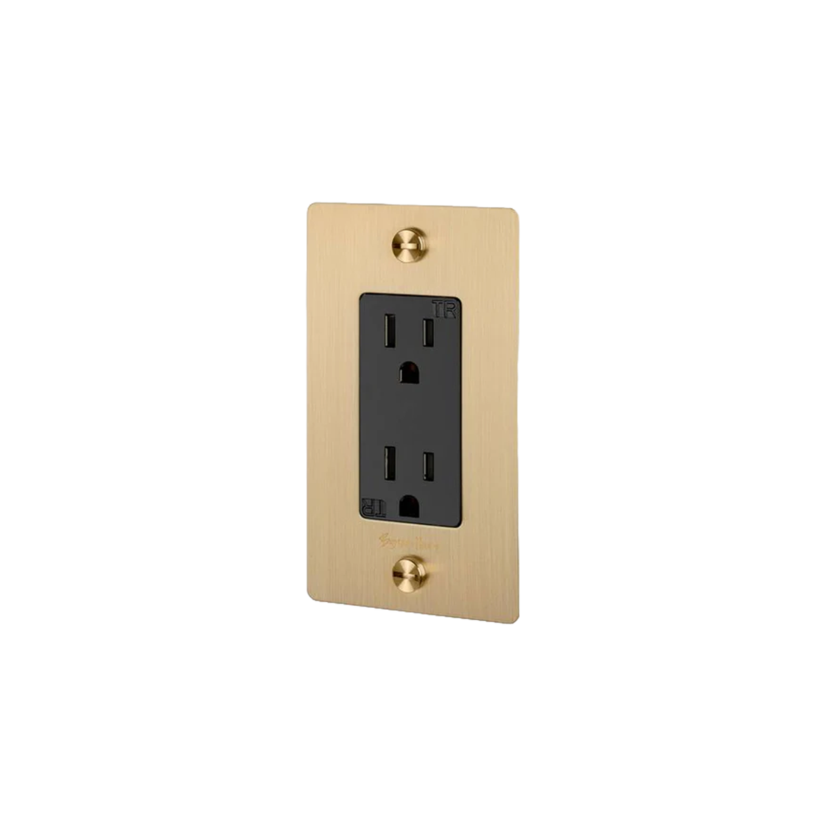 Buster and Punch 1 Gang Cross Outlet in Brass with logo.