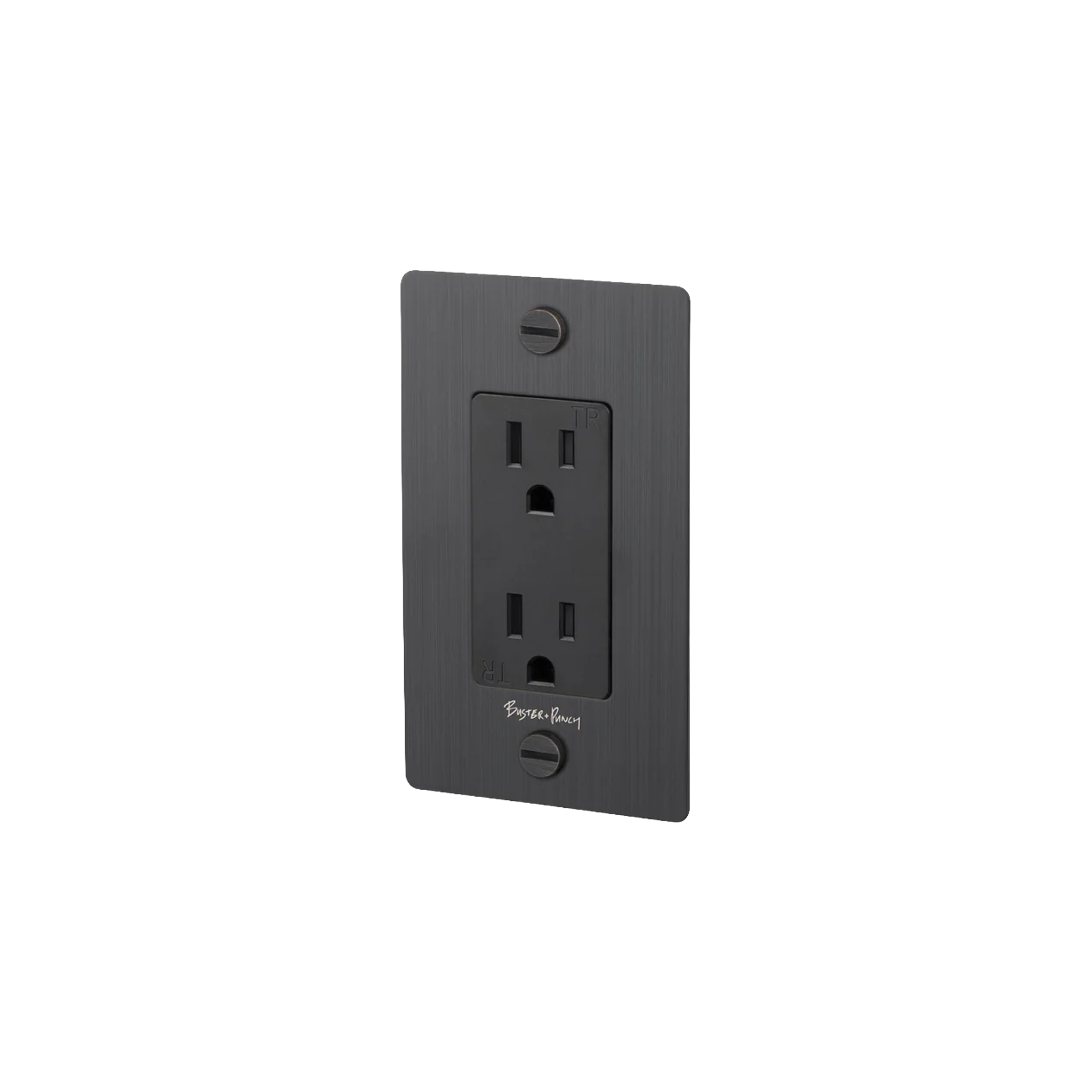 Buster and Punch 1 Gang Cross Outlet in Smoke Bronze with logo.