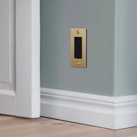 Buster and Punch 1 Gang Cross Outlet in Brass with logo on wall.