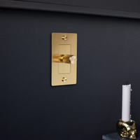 Buster and Punch 1 Gang Cross Dimmer Switch in Brass on wall near candle.