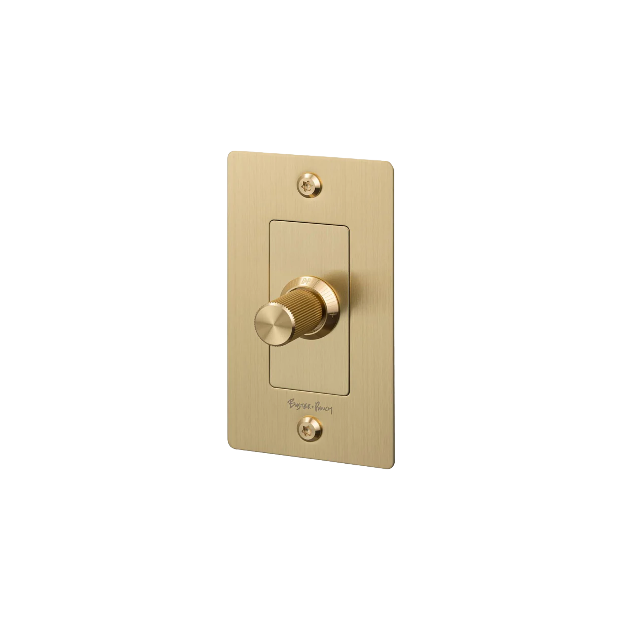 Buster and Punch 1 Gang LED Linear Dimmer Switch in Brass with logo.
