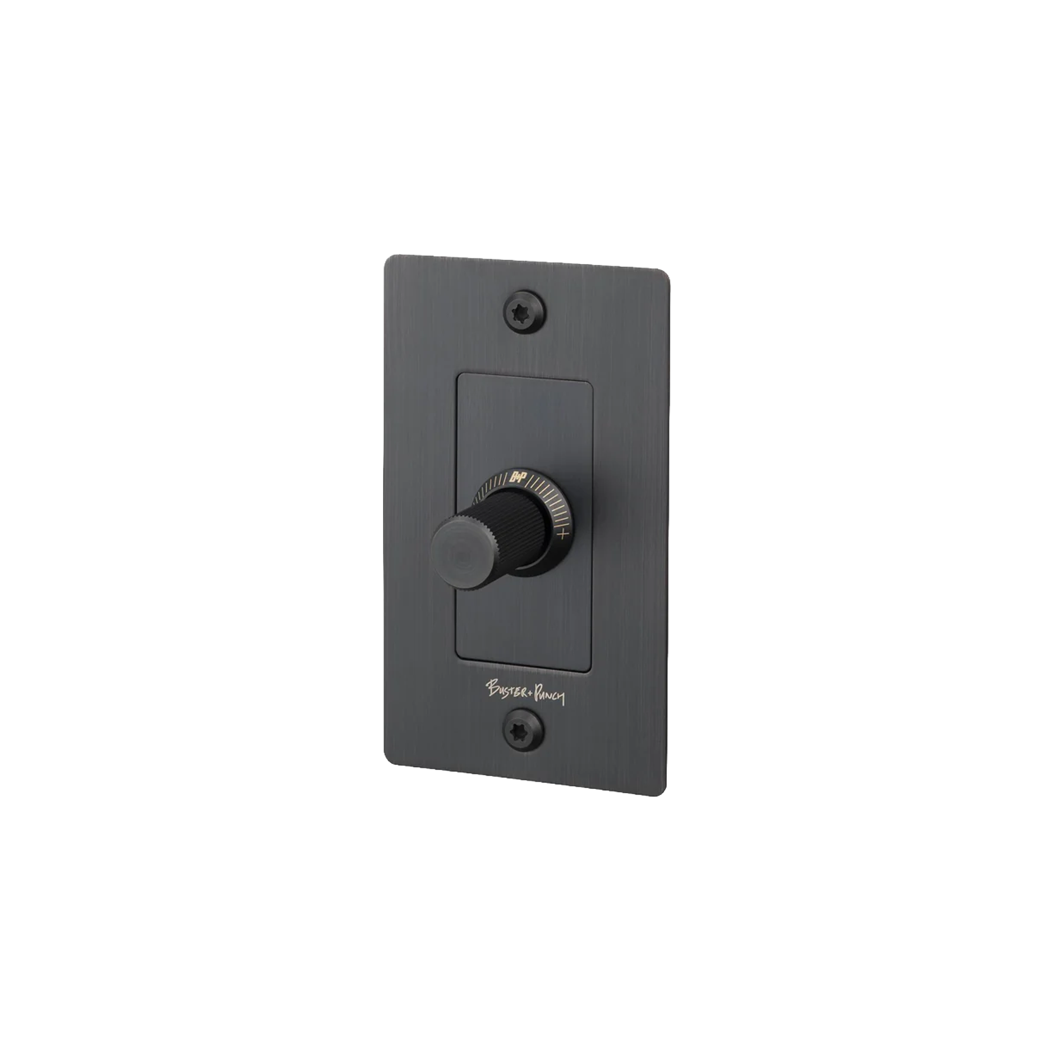 Buster and Punch 1 Gang LED Linear Dimmer Switch in Smoke Bronze with logo.