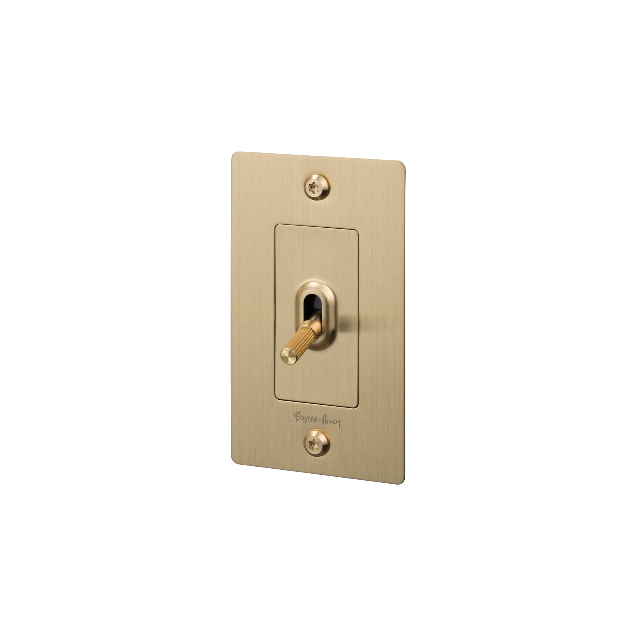 Buster and Punch 1 Gang Toggle Linear light Switch in Brass with logo