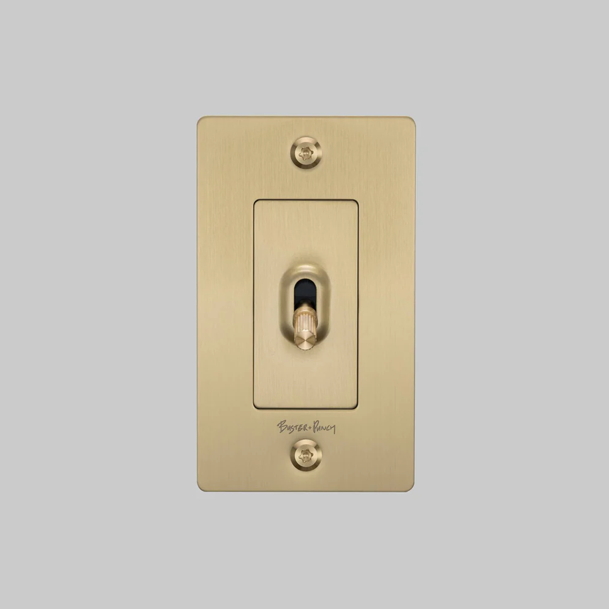 Front view of Buster and Punch 1 Gang Toggle Linear light Switch in Brass with logo
