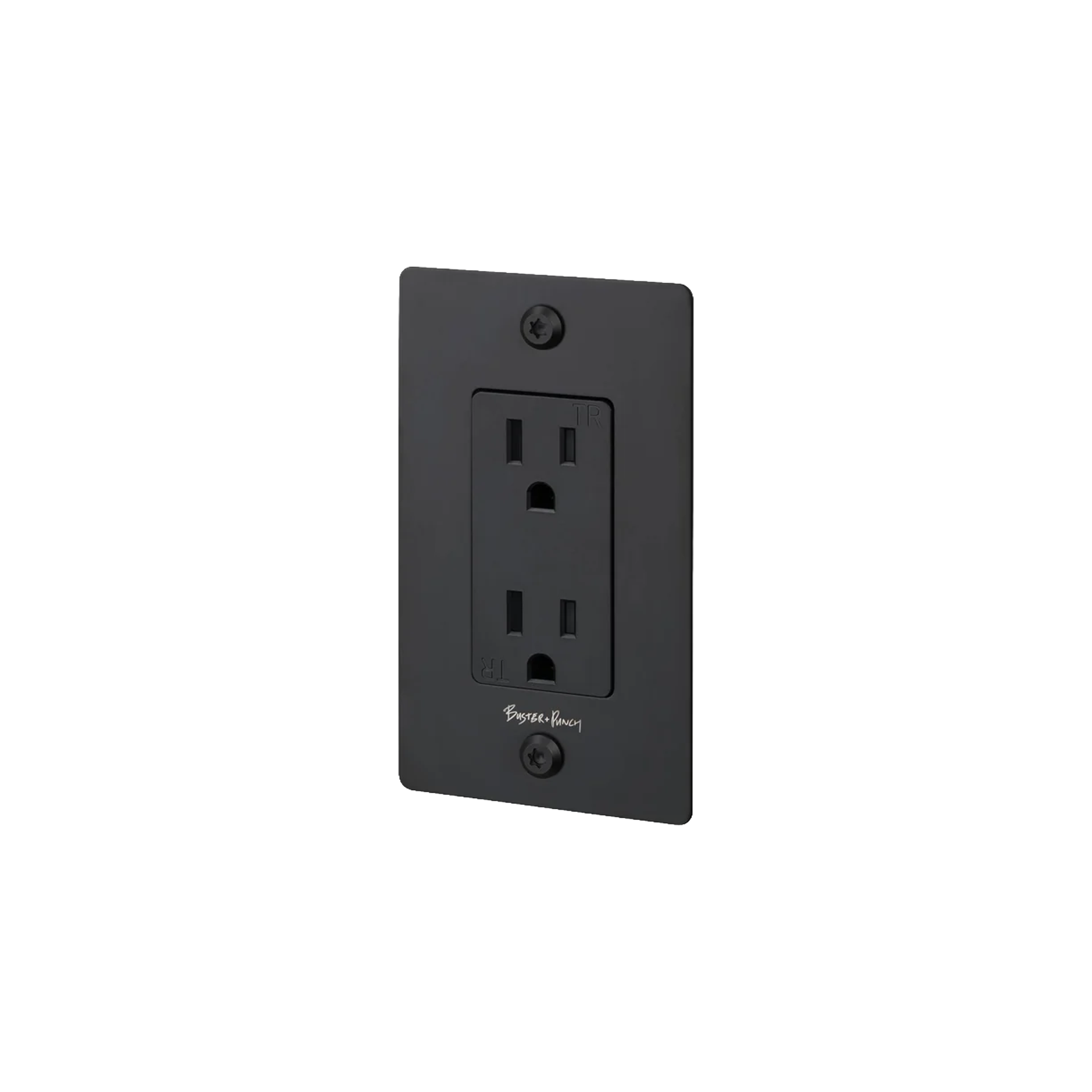 Buster and Punch 1 Gang Linear Duplex  Outlet in Black with logo.