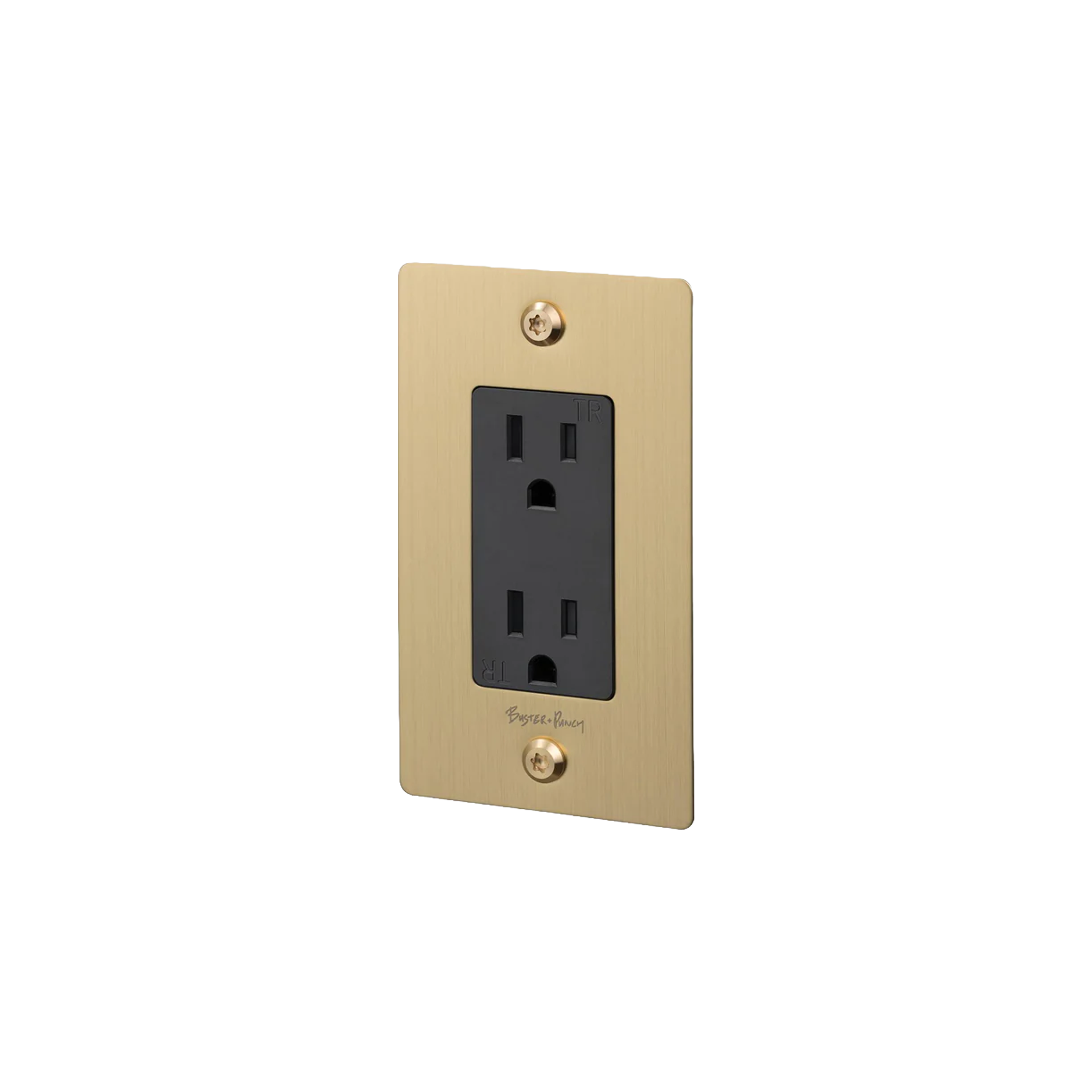 Buster and Punch 1 Gang Linear Duplex  Outlet in Brass with logo.
