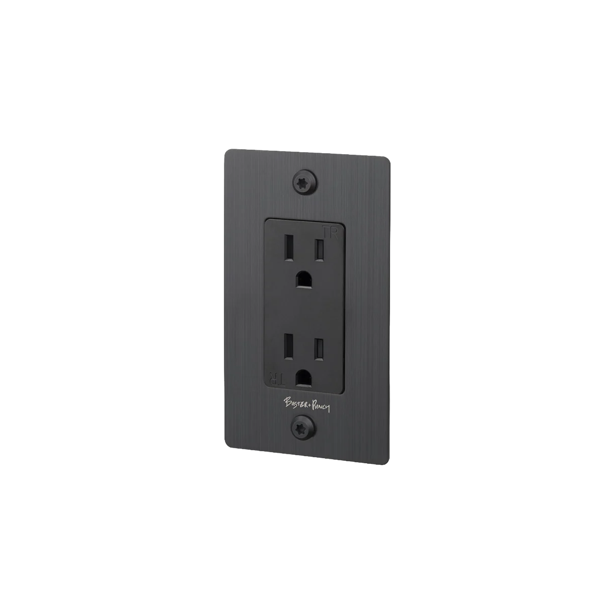 Buster and Punch 1 Gang Linear Duplex Outlet in Smoke Bronze with logo.
