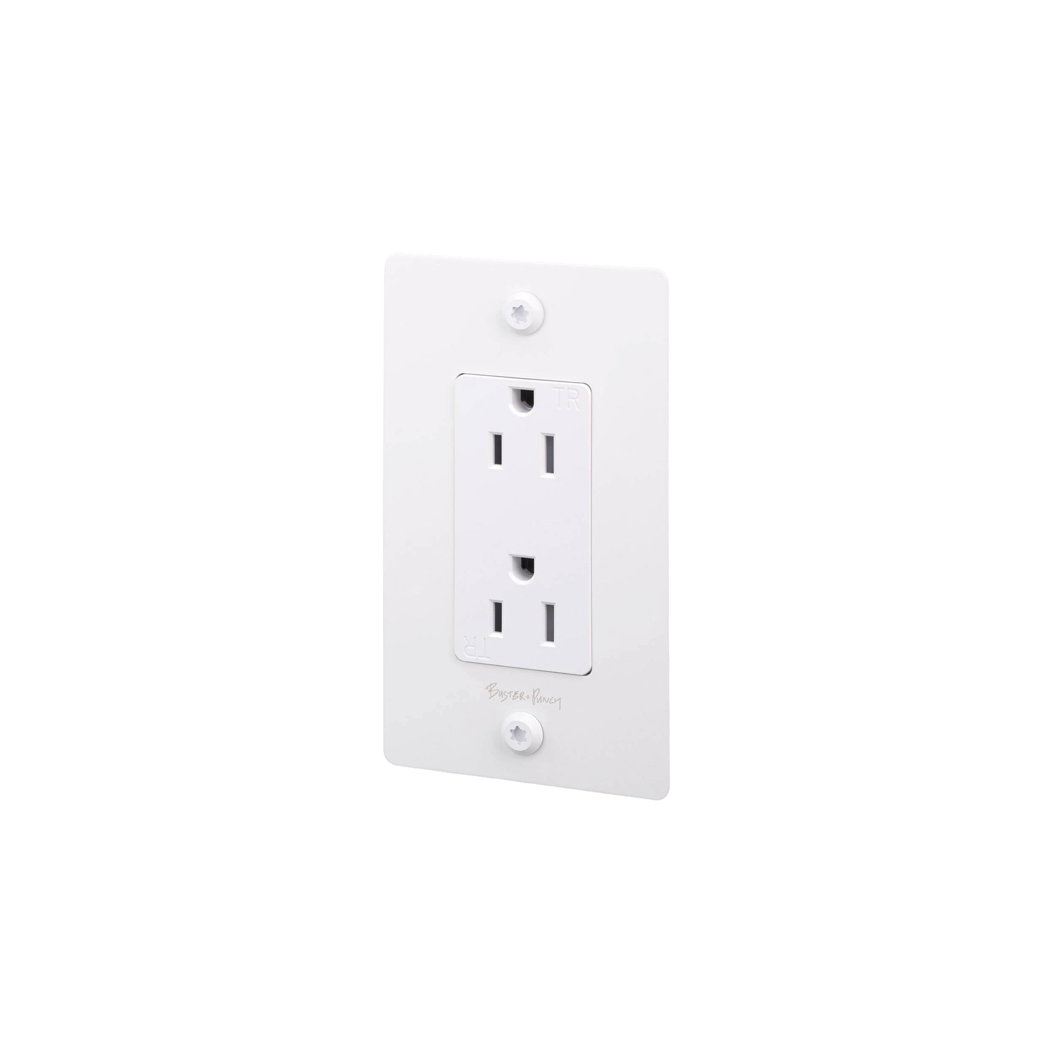 Buster and Punch 1 Gang Linear Duplex Outlet in White with logo.
