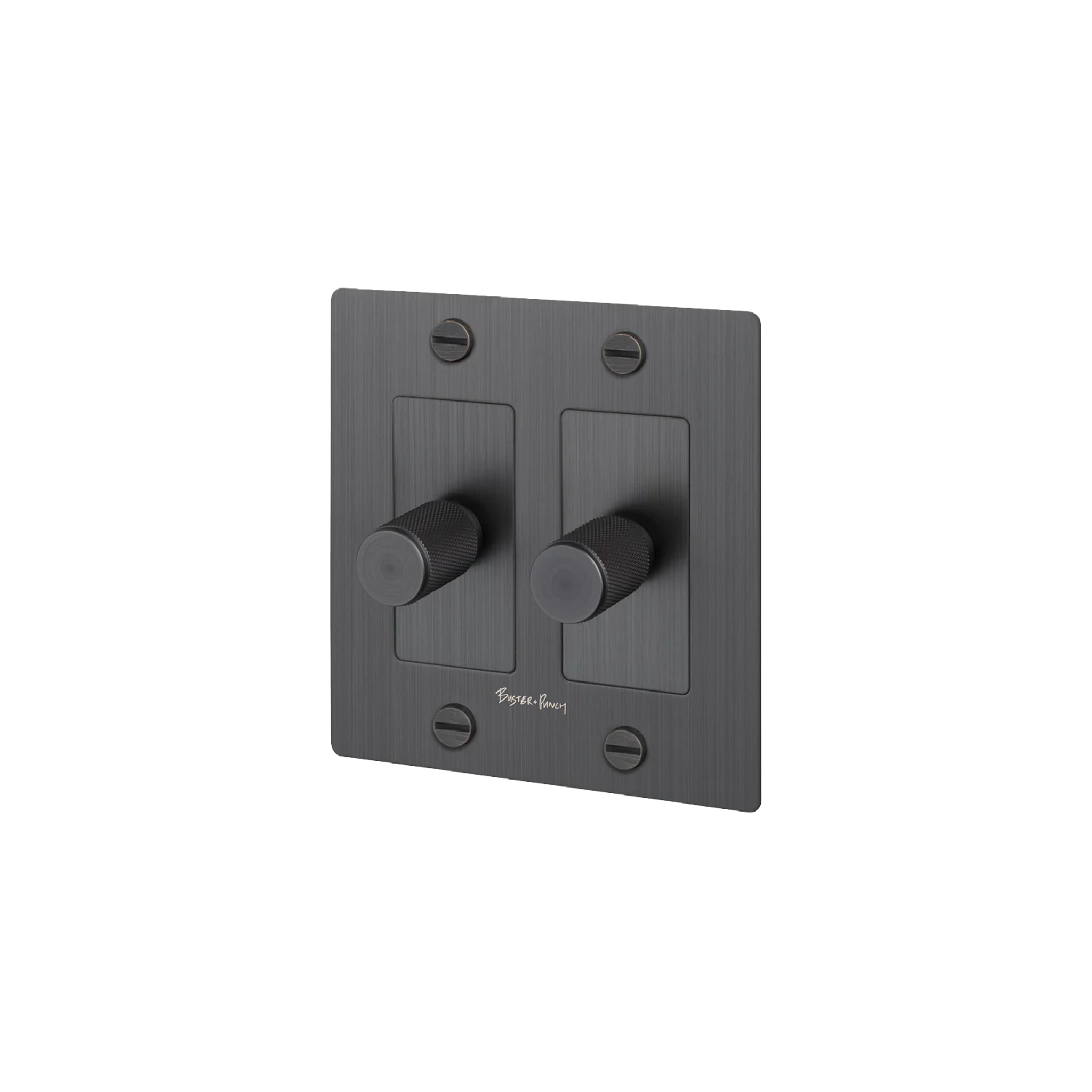 Buster and Punch 2 Gang Cross Dimmer Switch in Smoke Bronze with logo