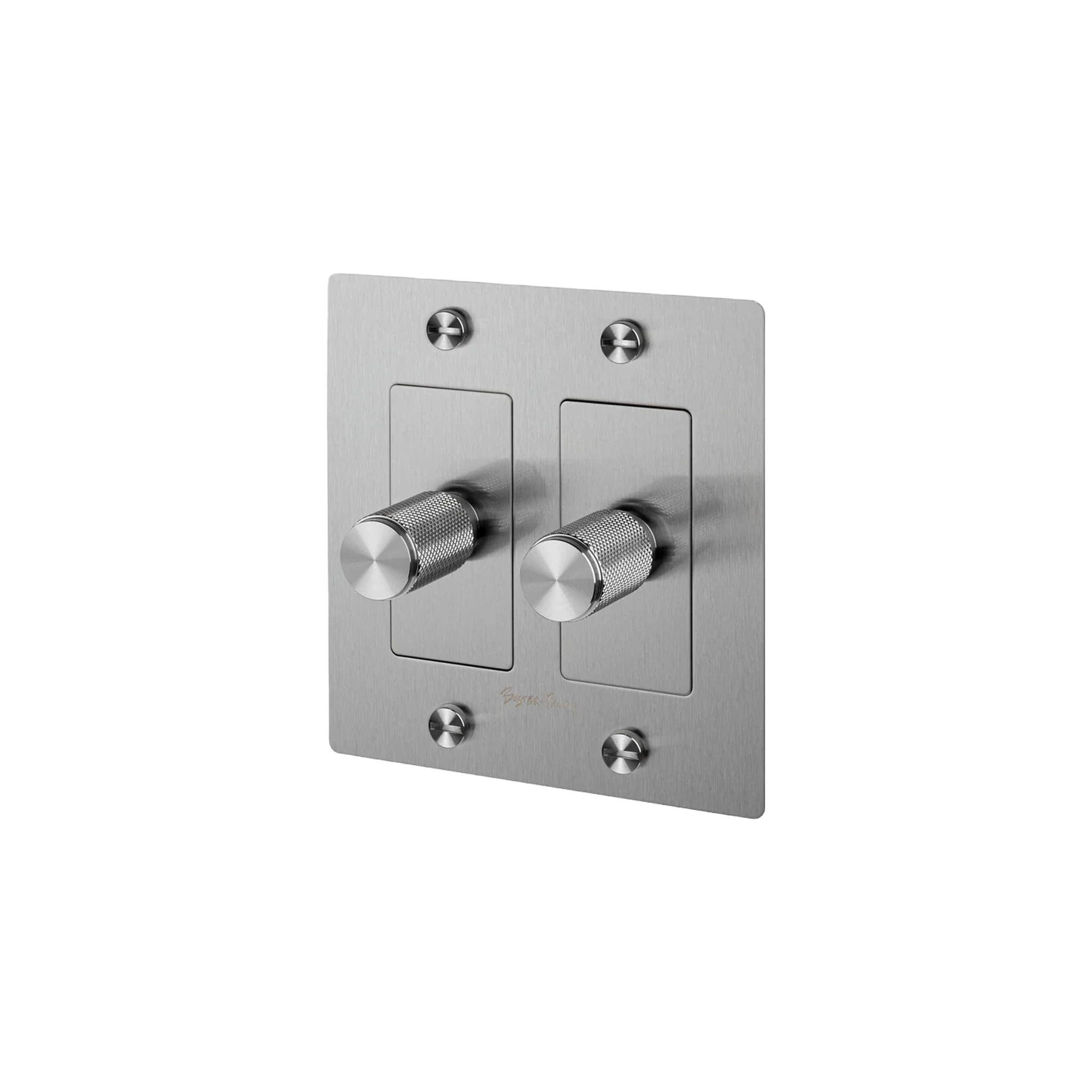 Buster and Punch 2 Gang Cross Dimmer Switch in Steel with logo