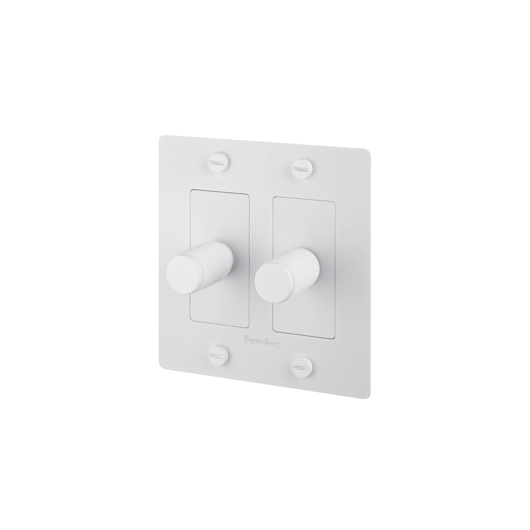 Buster and Punch 2 Gang Cross Dimmer Switch in White with logo