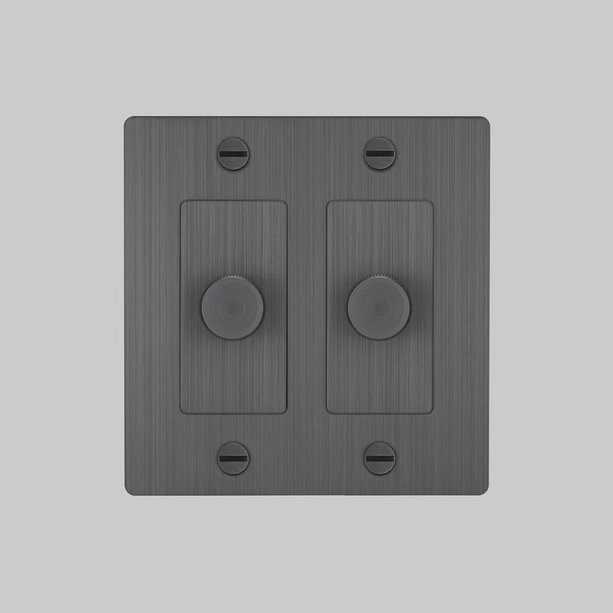 Front view of Buster and Punch 2 Gang Dimmer Switch in Steel.
