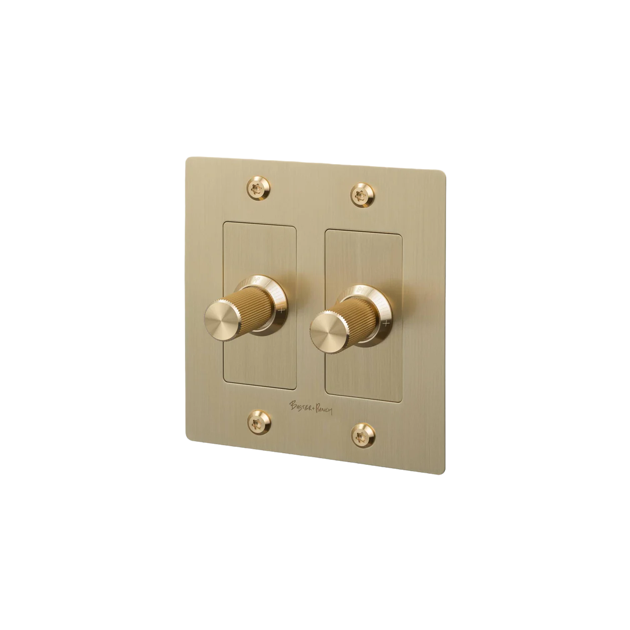 Buster and Punch 2 Gang LED Linear Dimmer Switch in Brass with logo.