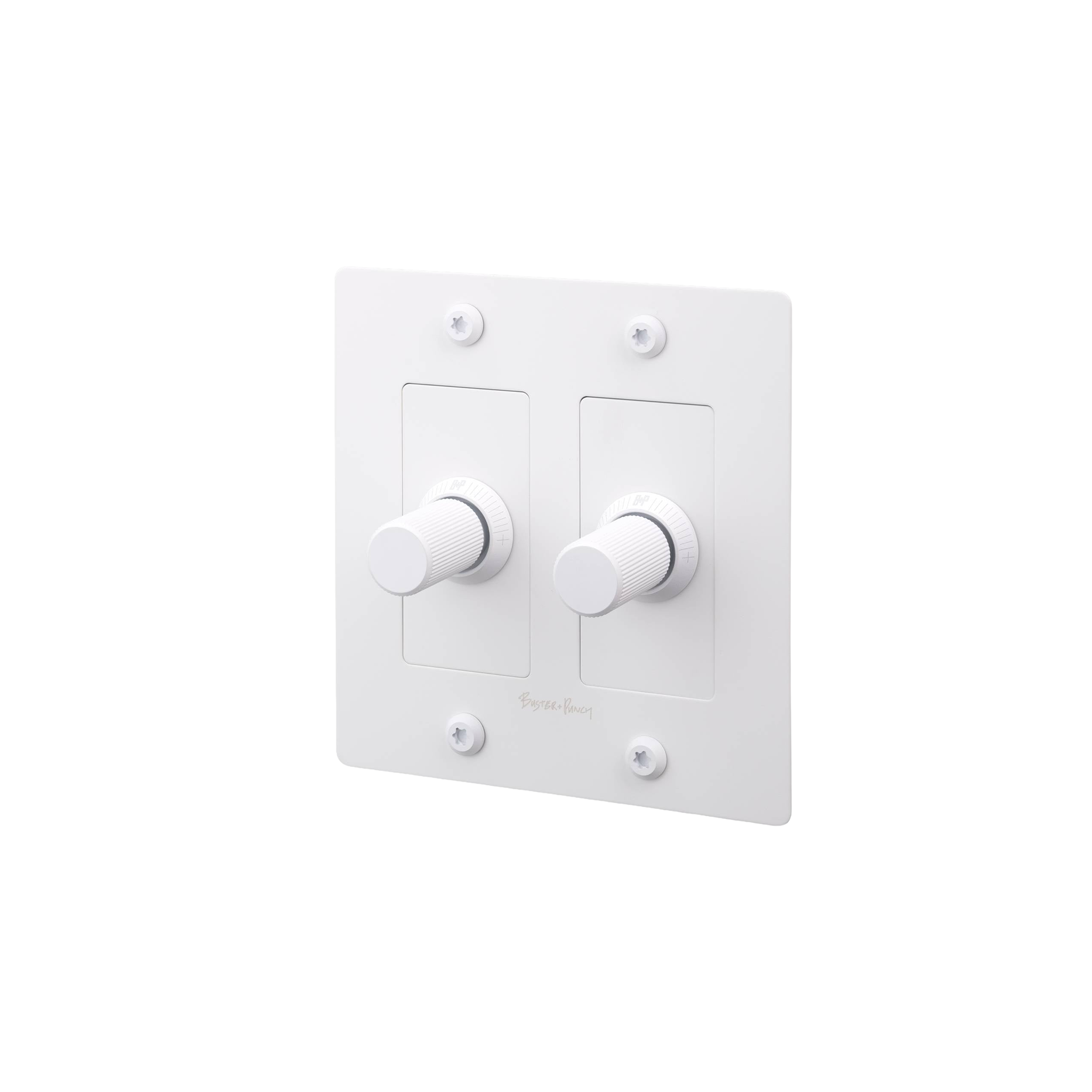 Buster and Punch 2 Gang LED Linear Dimmer Switch in White with logo.