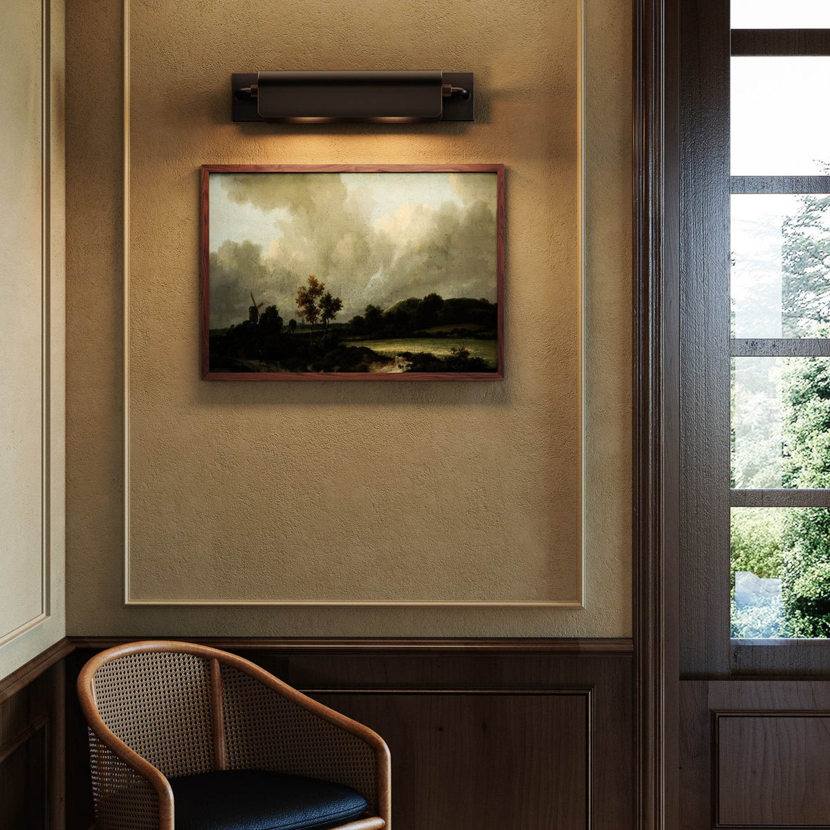 Alora Darby Wall Picture Light in urban bronze finish above framed painting