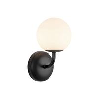 Angled view of Alora 10" Fiona Wall Sconce in matte black finish with matte opal glass shade