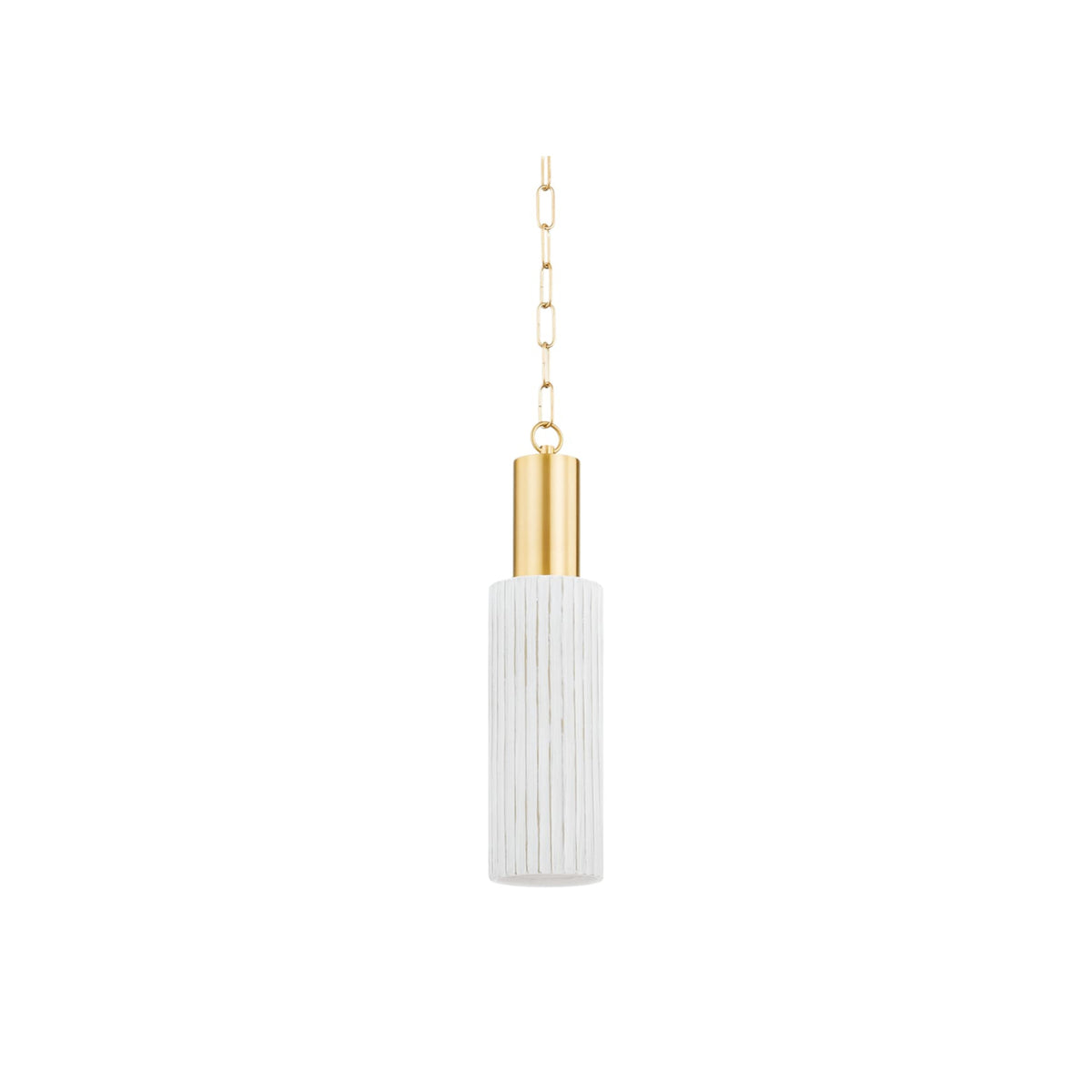 Corissa pendant light by Hudson Valley with white ceramic shade and gold chain