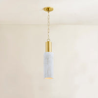 Hudson Valley Corissa Pendant Light with white textured ceramic shade and gold chain shown lit