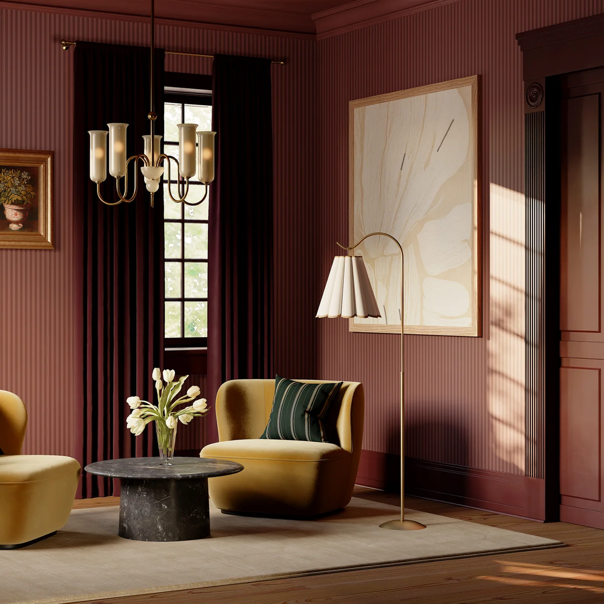 A luxury living room interior featuring an Eula floor lamp by Hudson Valley, mustard yellow armchairs, and a dark marble coffee table on a beige rug.