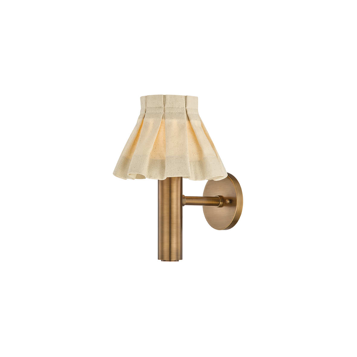 A Eunice Wall Sconce with a pleated beige fabric shade and a patina brass metal body.